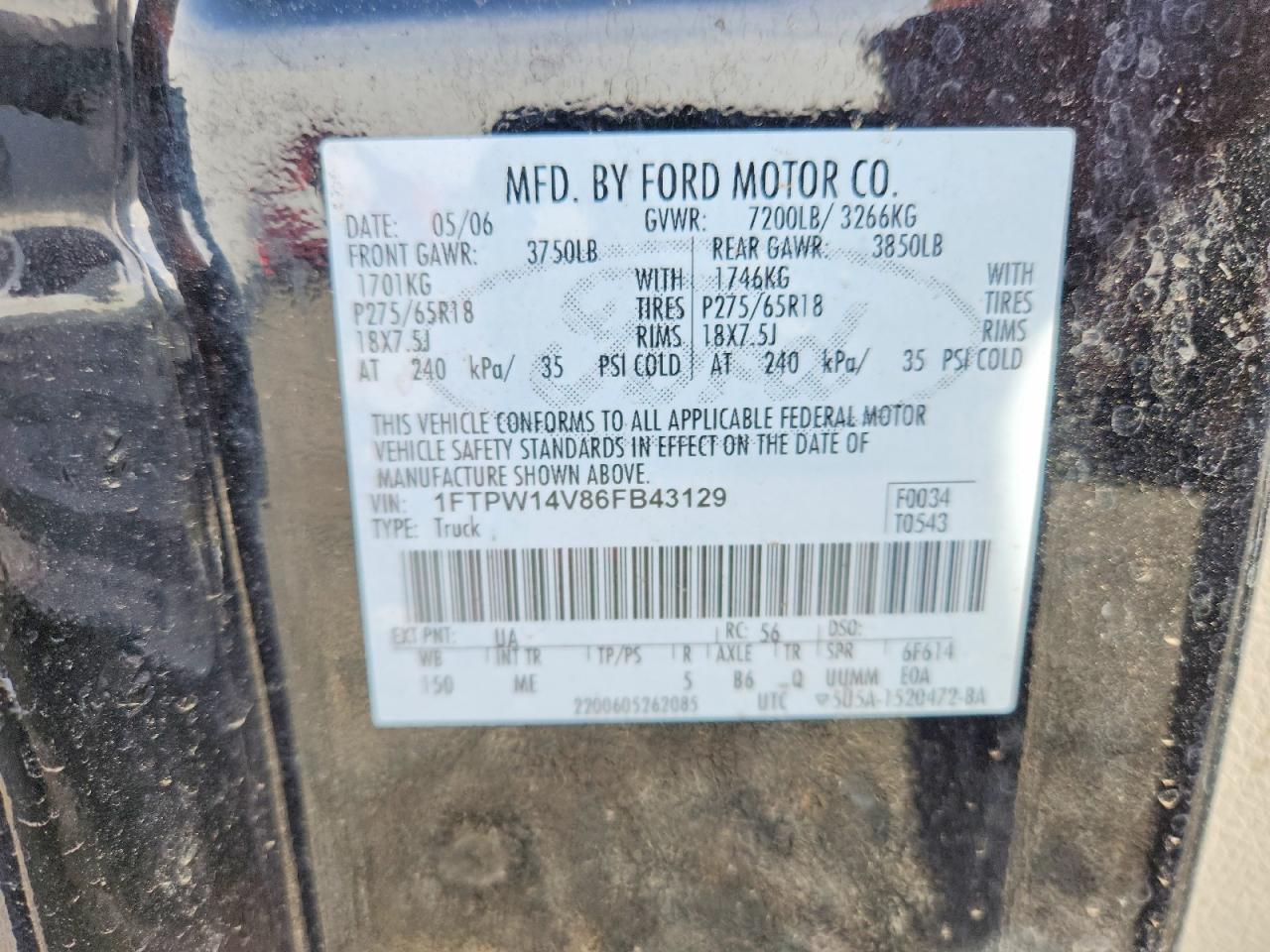 2006 Ford F150 Supercrew Black vin: 1FTPW14V86FB43129