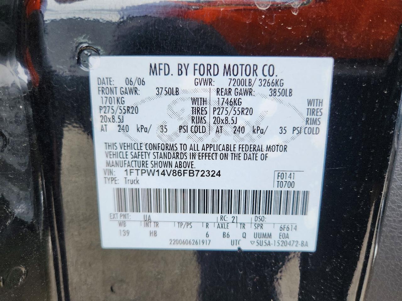 2006 Ford F150 Supercrew Black vin: 1FTPW14V86FB72324