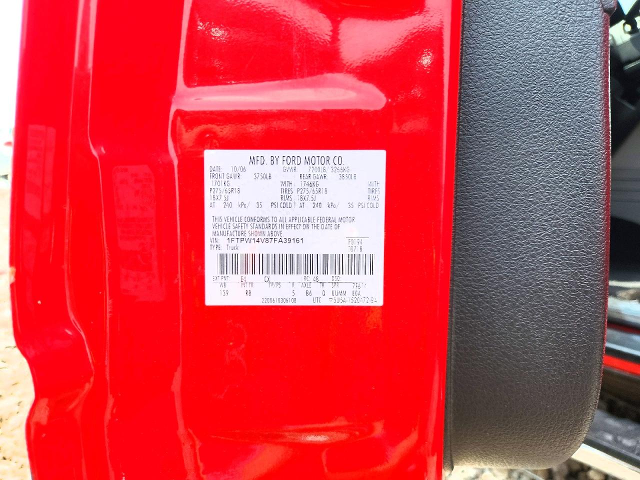 2007 Ford F150 Supercrew Red vin: 1FTPW14V87FA39161
