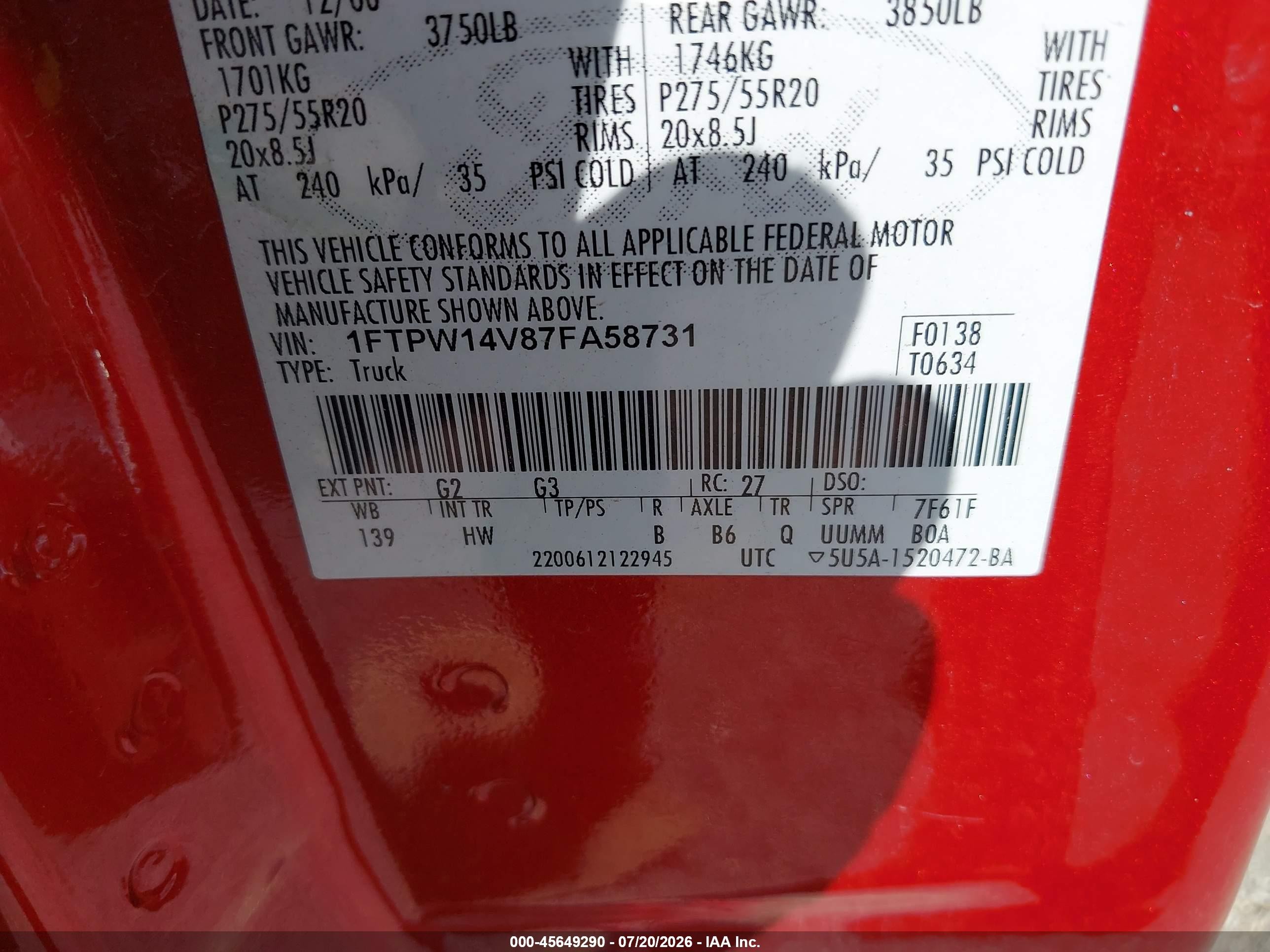 2007 Ford F-150 Fx4/lariat/xlt Red vin: 1FTPW14V87FA58731