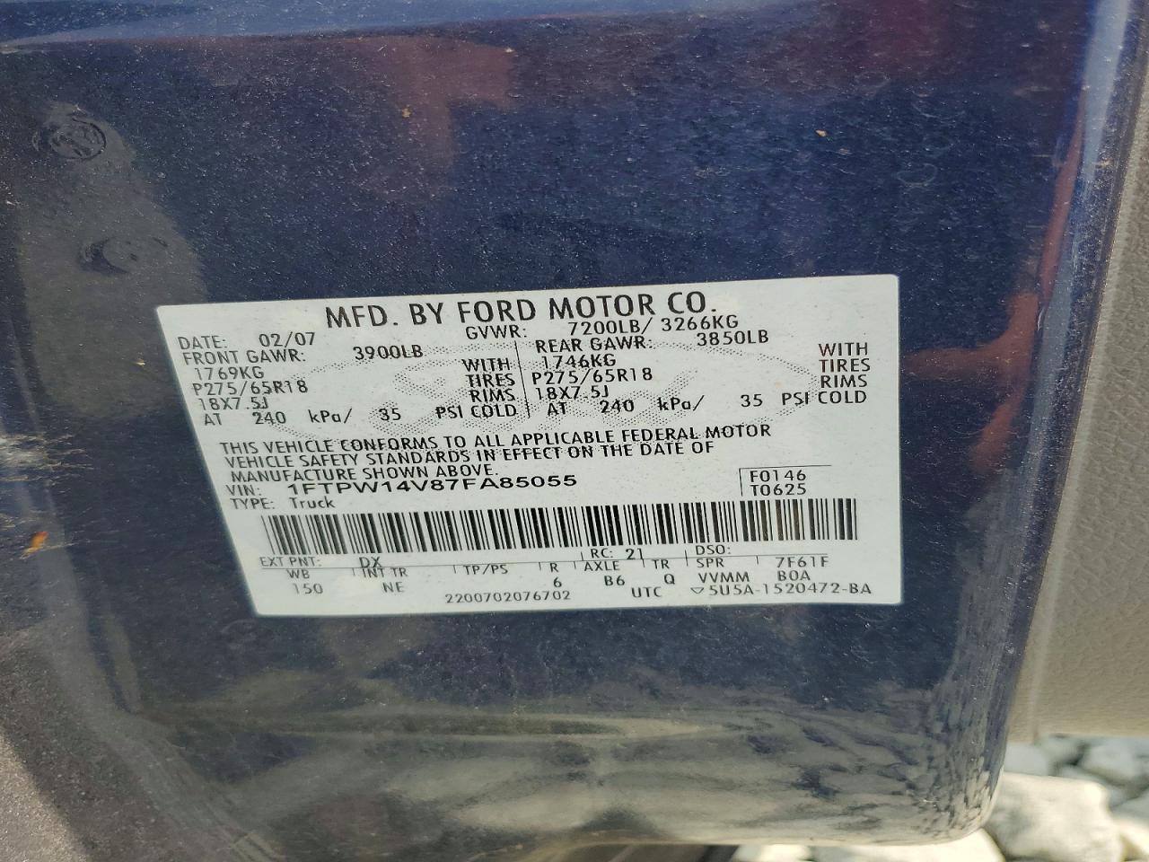 2007 Ford F150 Blue vin: 1FTPW14V87FA85055
