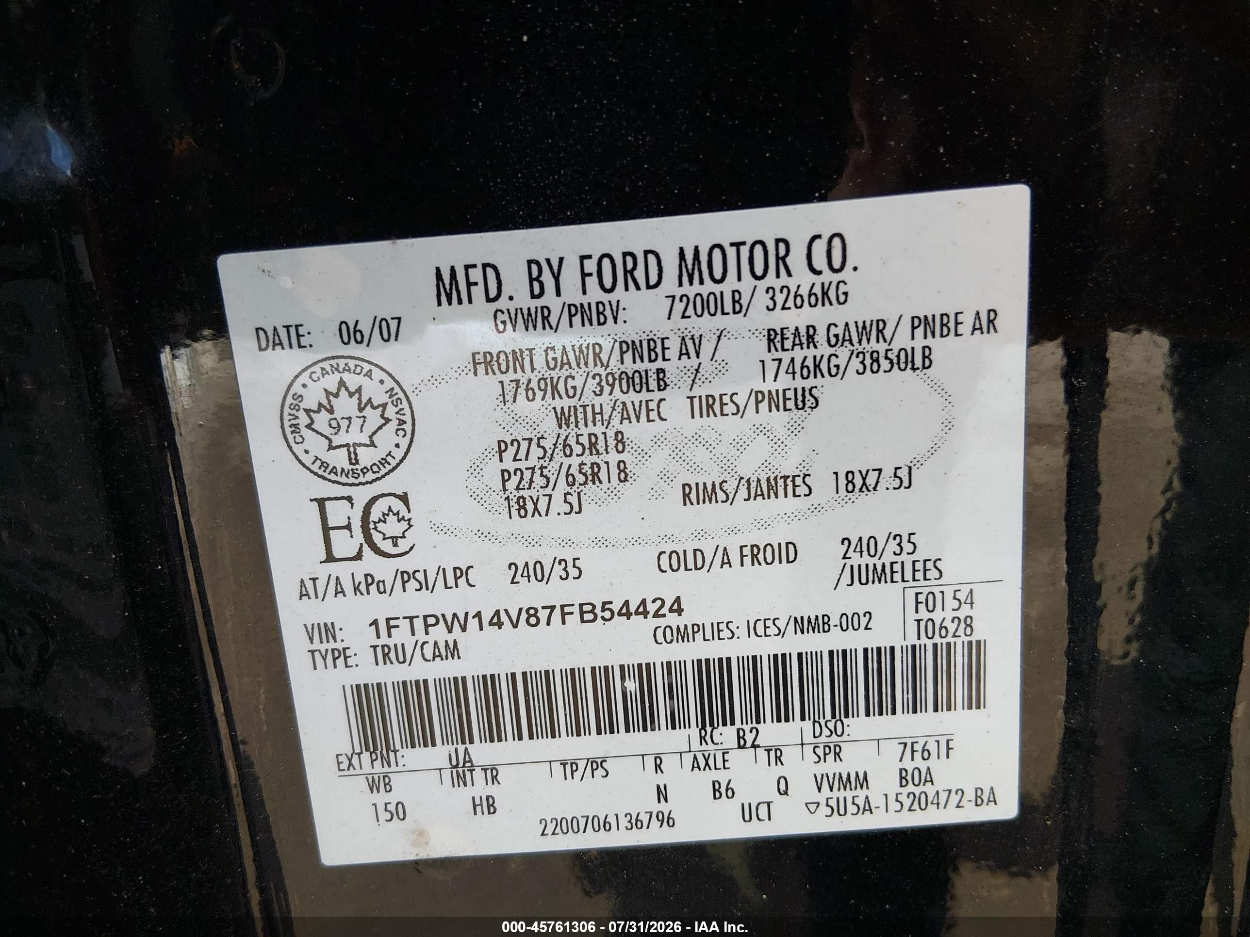 2007 Ford F-150 Fx4/lariat/xlt Black vin: 1FTPW14V87FB54424