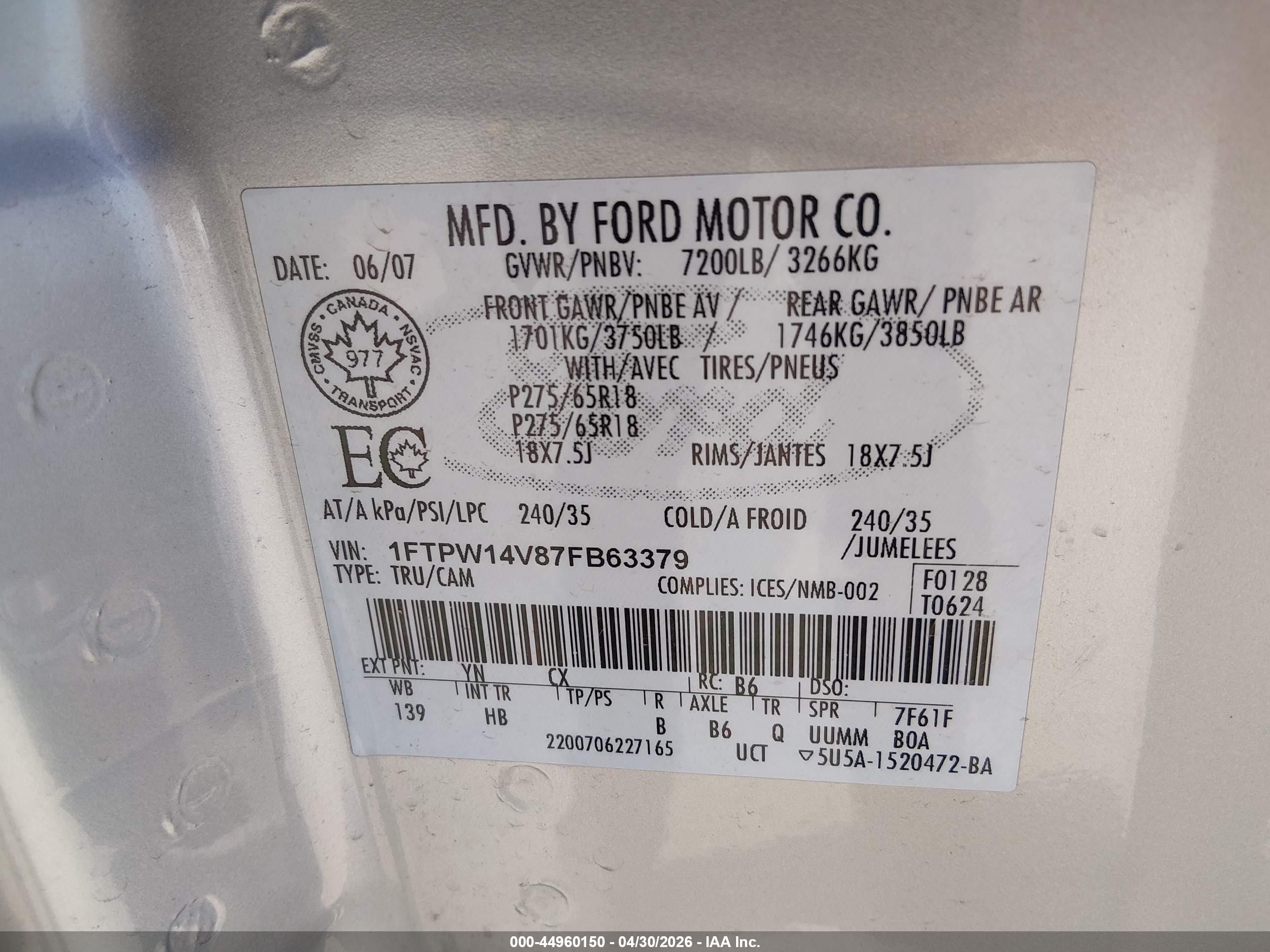 2007 Ford F-150 Fx4/lariat/xlt Silver vin: 1FTPW14V87FB63379
