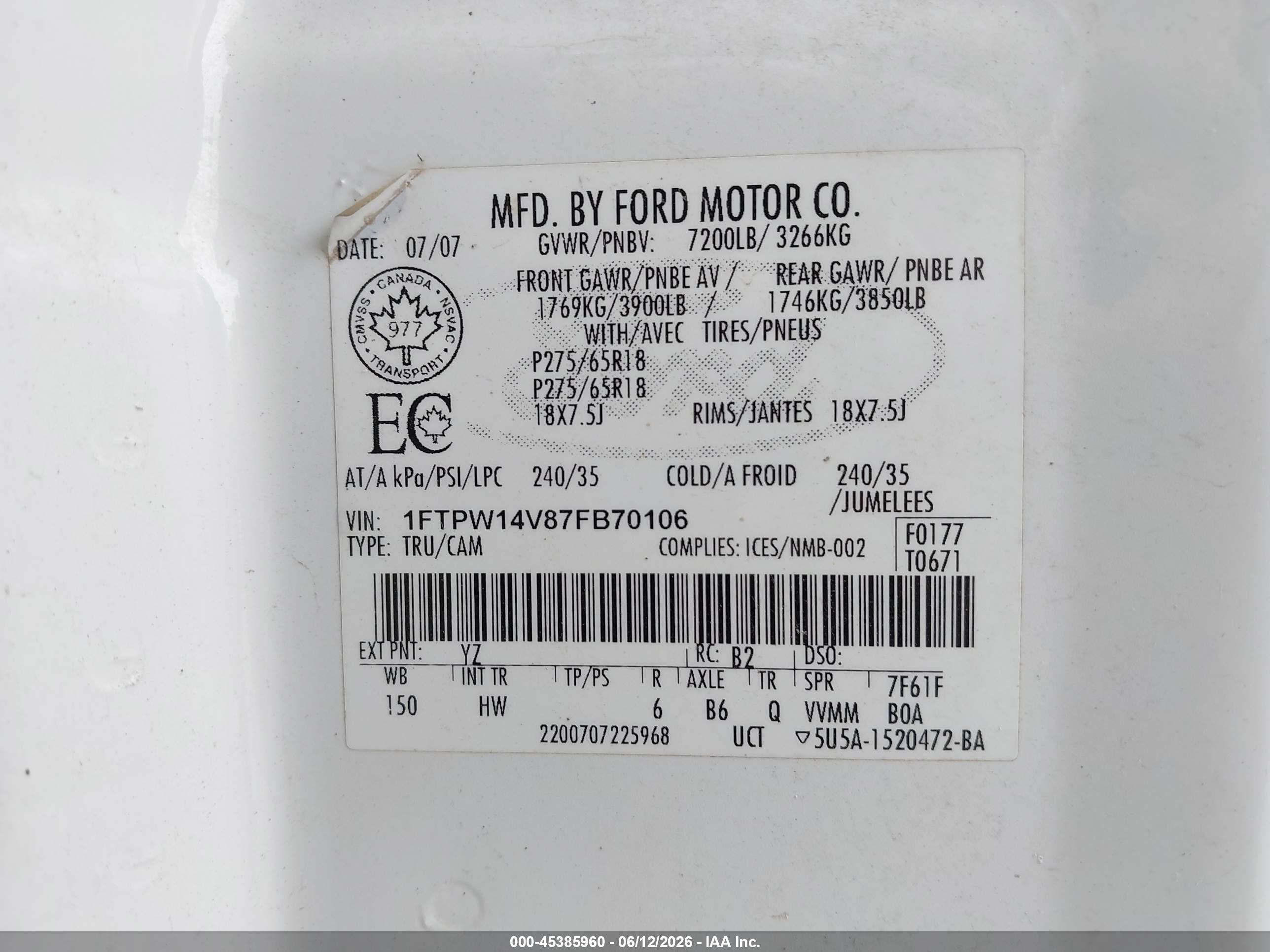 2007 Ford F-150   White vin: 1FTPW14V87FB70106