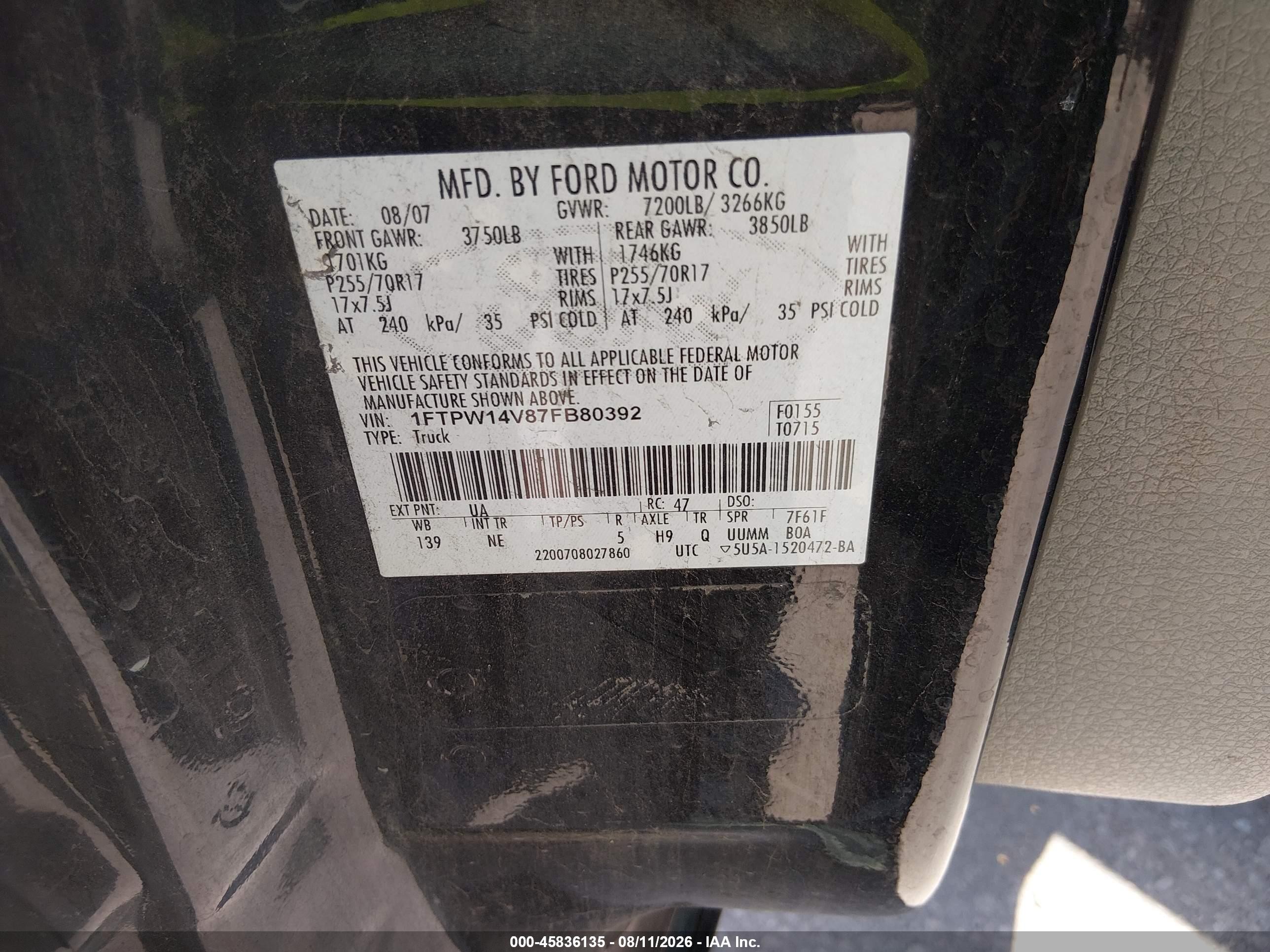 2007 Ford F-150 Fx4/lariat/xlt Black vin: 1FTPW14V87FB80392
