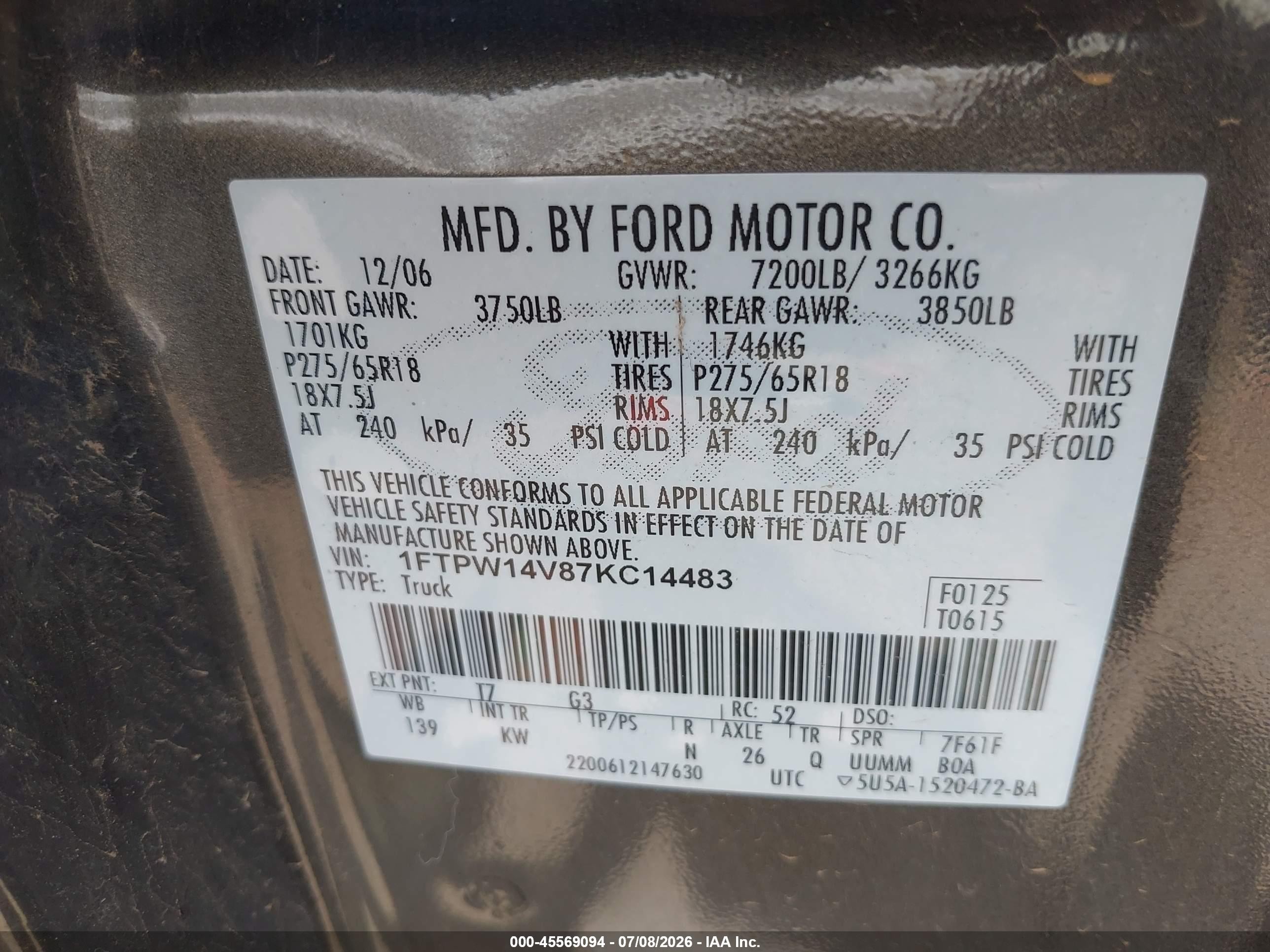 2007 Ford F-150 Fx4/lariat/xlt Brown vin: 1FTPW14V87KC14483