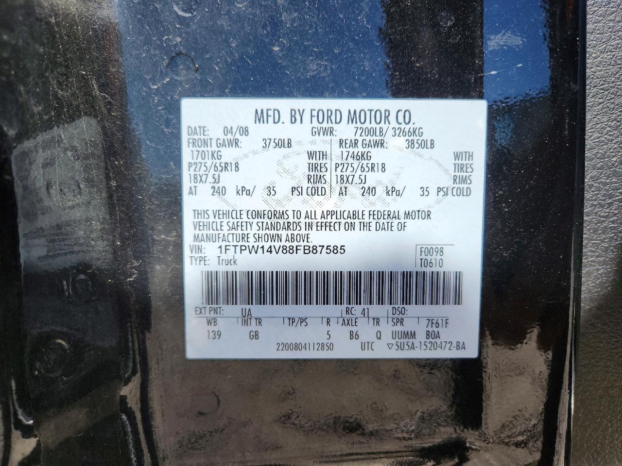 2008 Ford F150 Supercrew Black vin: 1FTPW14V88FB87585