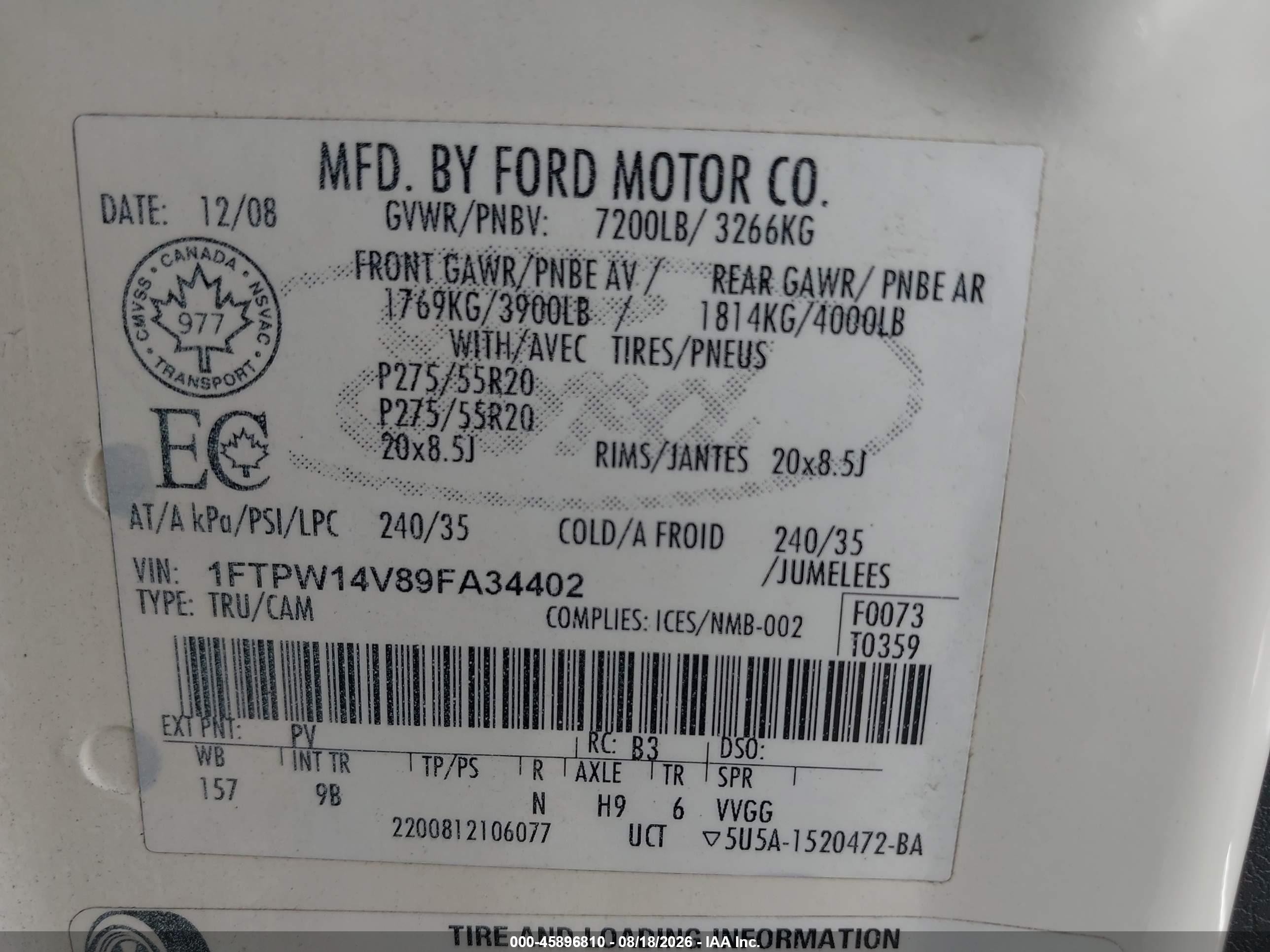 2009 Ford F-150 Platinum White vin: 1FTPW14V89FA34402