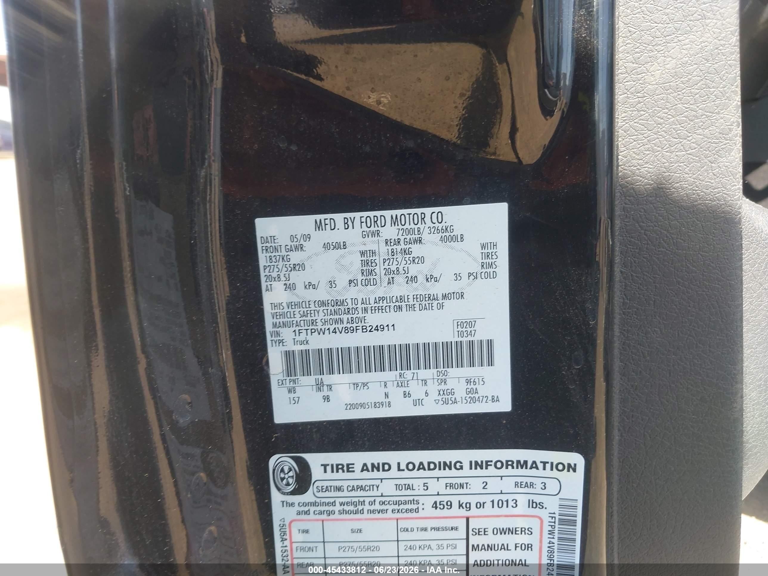 2009 Ford F-150 Fx4/king Ranch/lariat/platinum/xl/xlt Black vin: 1FTPW14V89FB24911