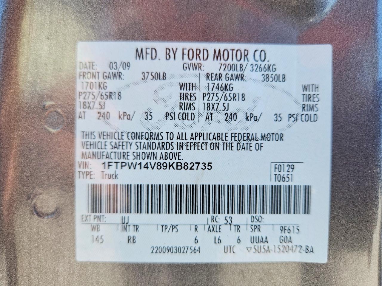 2009 Ford F150 Supercrew Gray vin: 1FTPW14V89KB82735