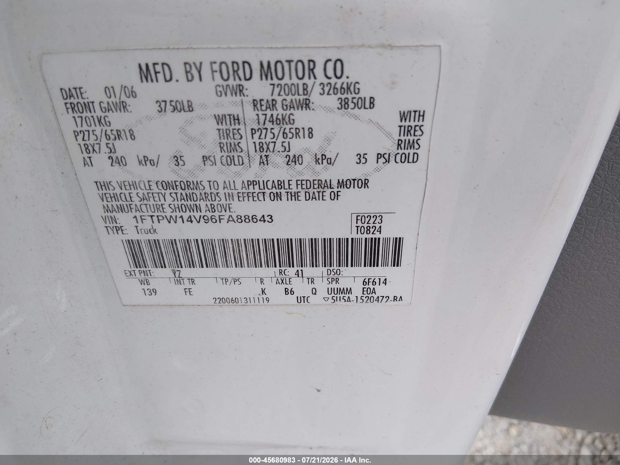 2006 Ford F-150 Fx4/lariat/xlt White vin: 1FTPW14V96FA88643
