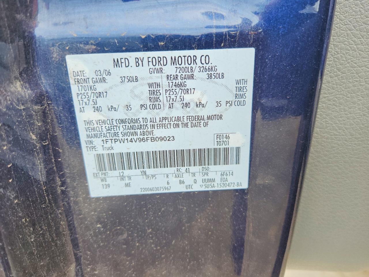 2006 Ford F150 Supercrew Blue vin: 1FTPW14V96FB09023