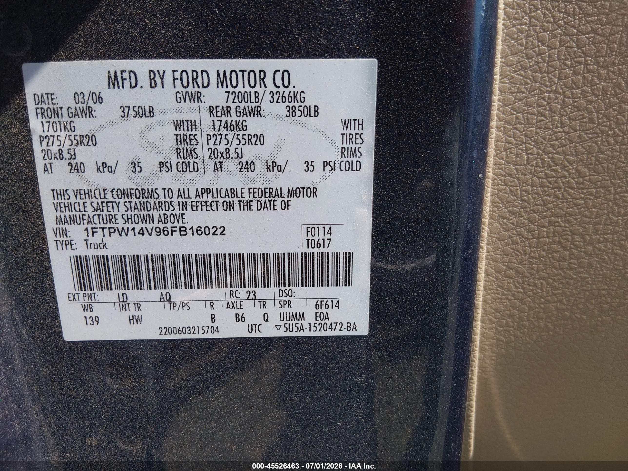 2006 Ford F-150   Blue vin: 1FTPW14V96FB16022