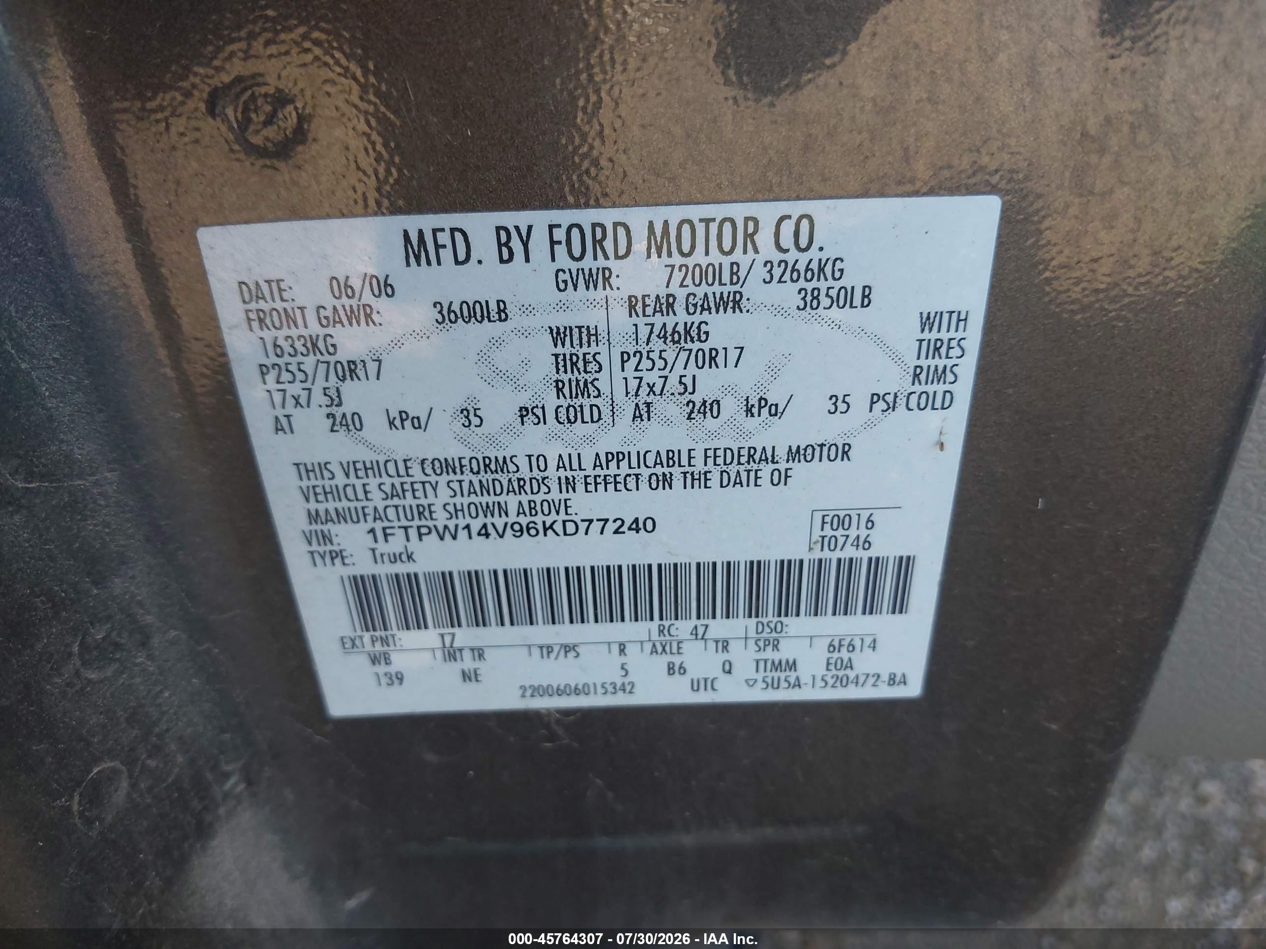 2006 Ford F-150 Fx4/lariat/xlt Gray vin: 1FTPW14V96KD77240
