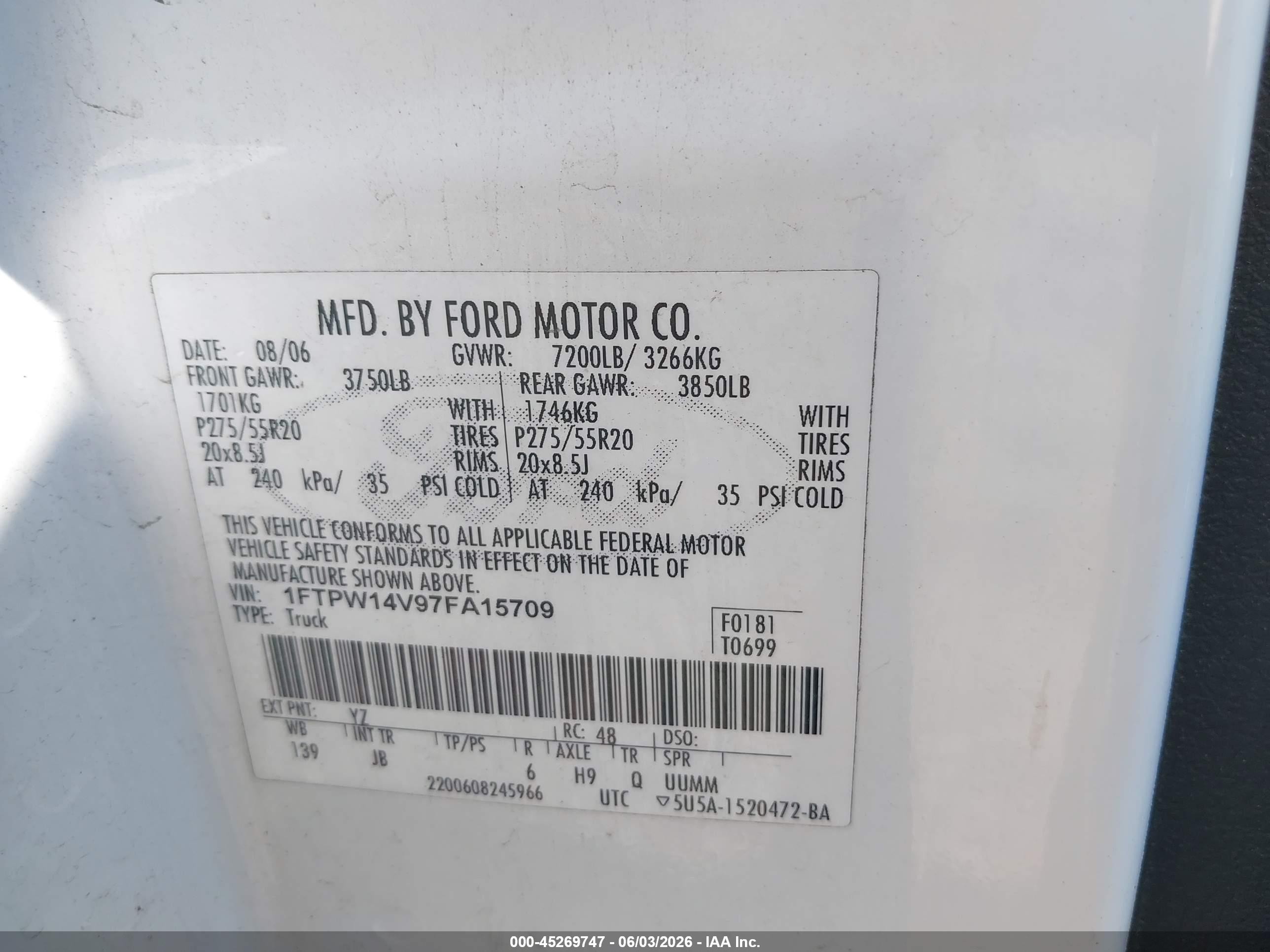 2007 Ford F-150 Fx4/lariat/xlt White vin: 1FTPW14V97FA15709