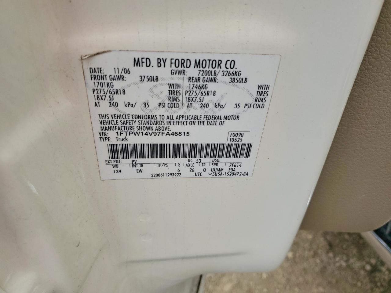 2007 Ford F150 Supercrew Cream vin: 1FTPW14V97FA46815