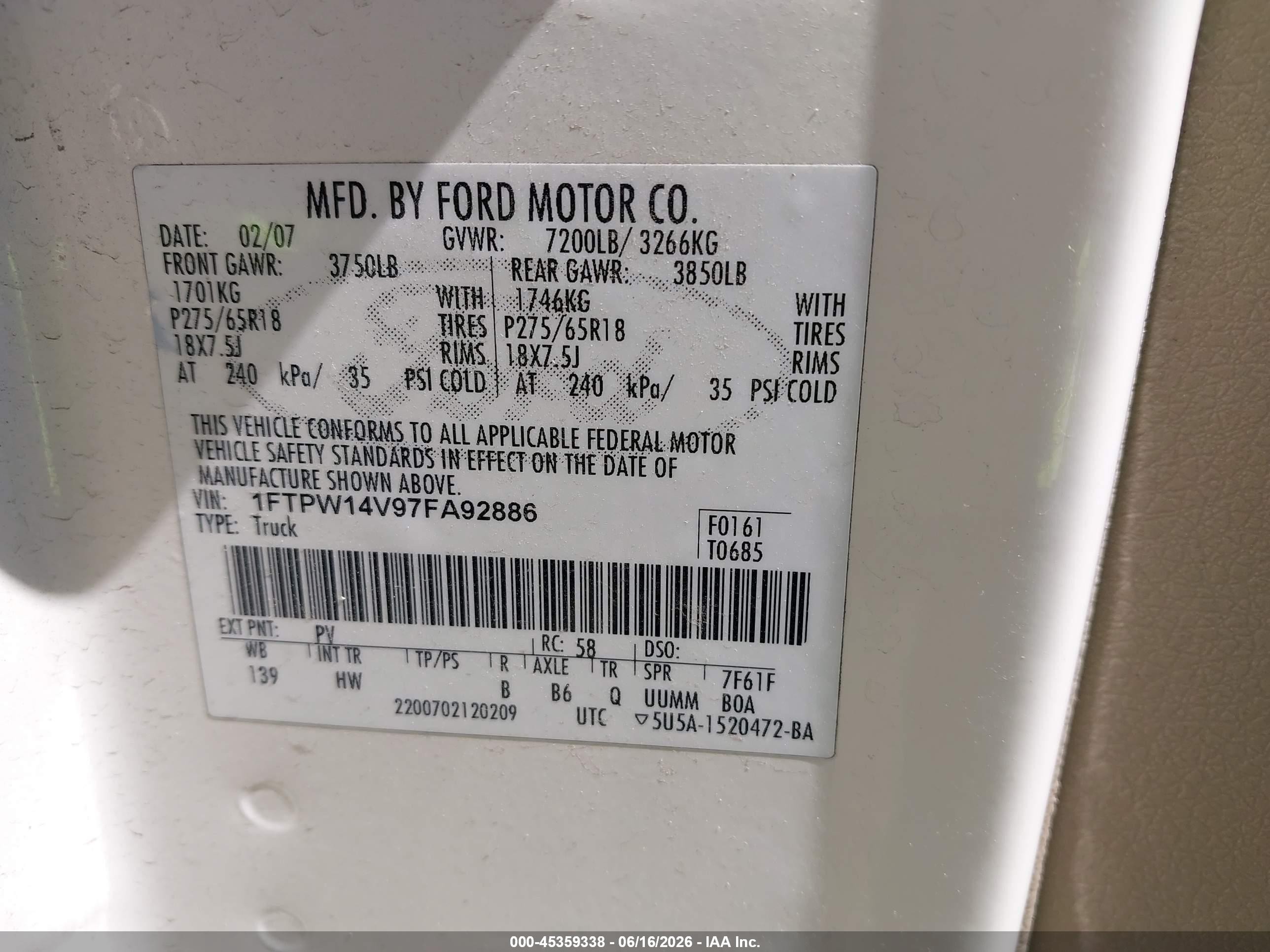 2007 Ford F-150 Fx4/lariat/xlt White vin: 1FTPW14V97FA92886
