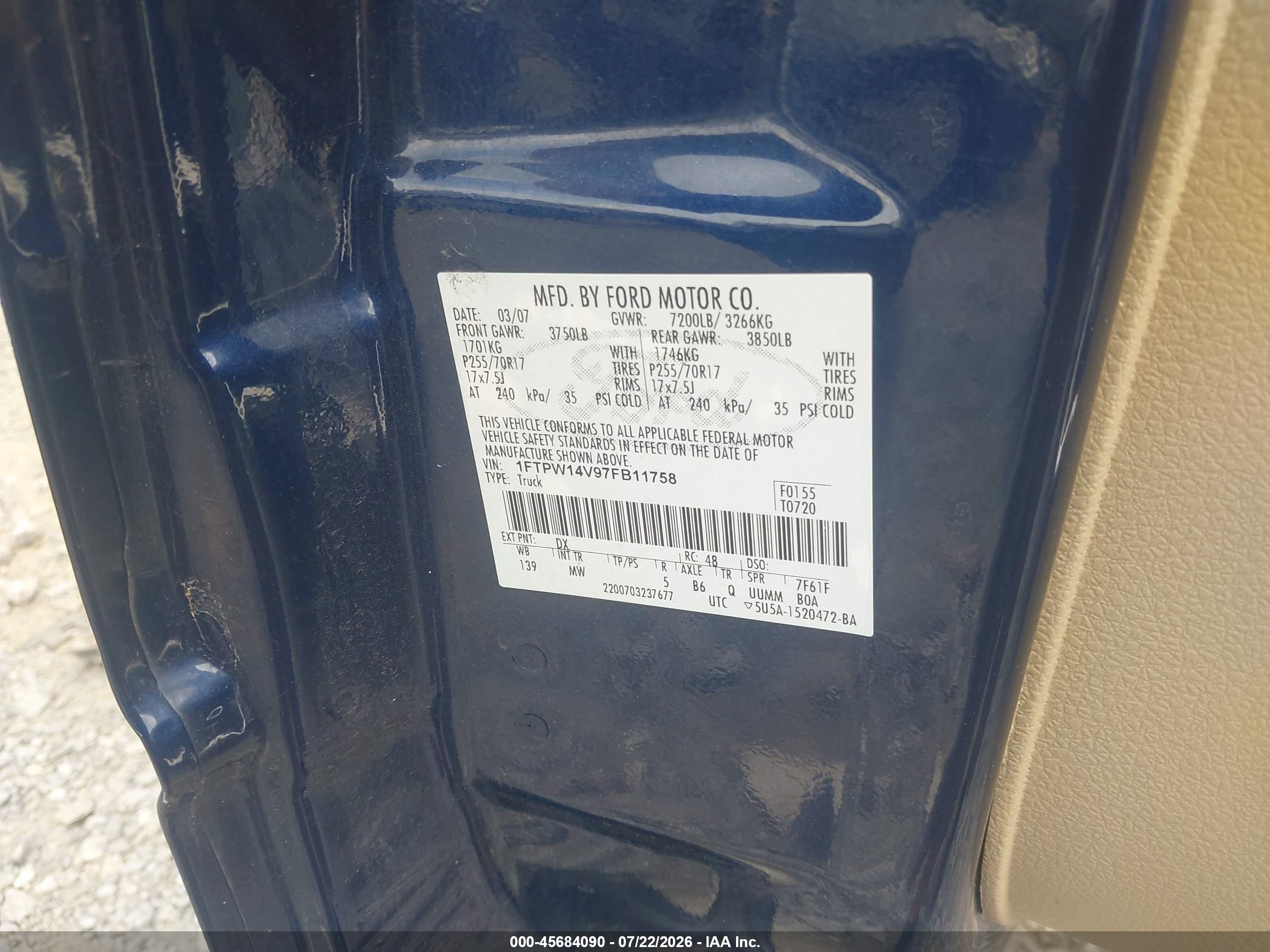 2007 Ford F-150 Fx4/lariat/xlt Blue vin: 1FTPW14V97FB11758
