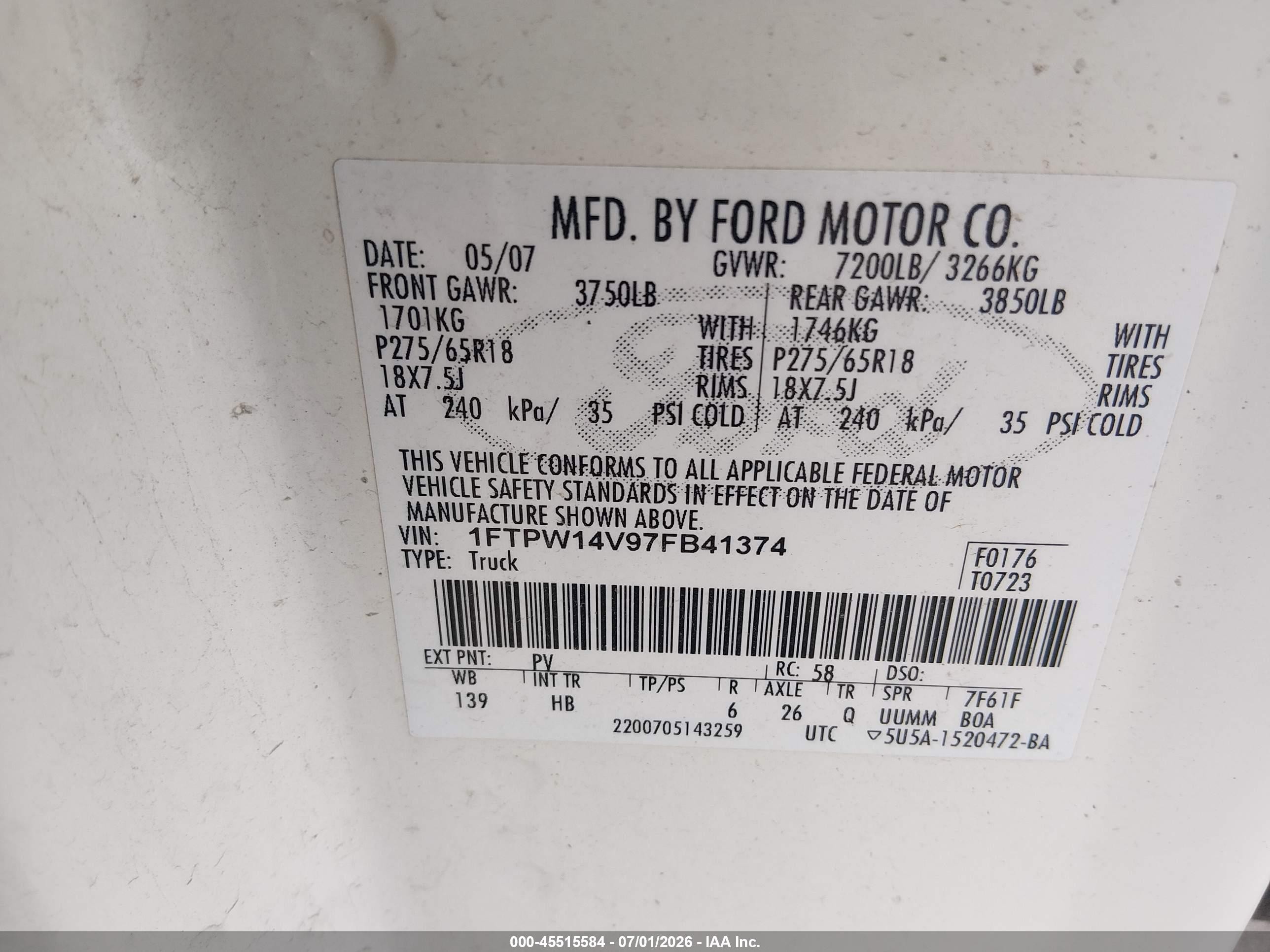 2007 Ford F-150 Fx4/lariat/xlt Белый vin: 1FTPW14V97FB41374