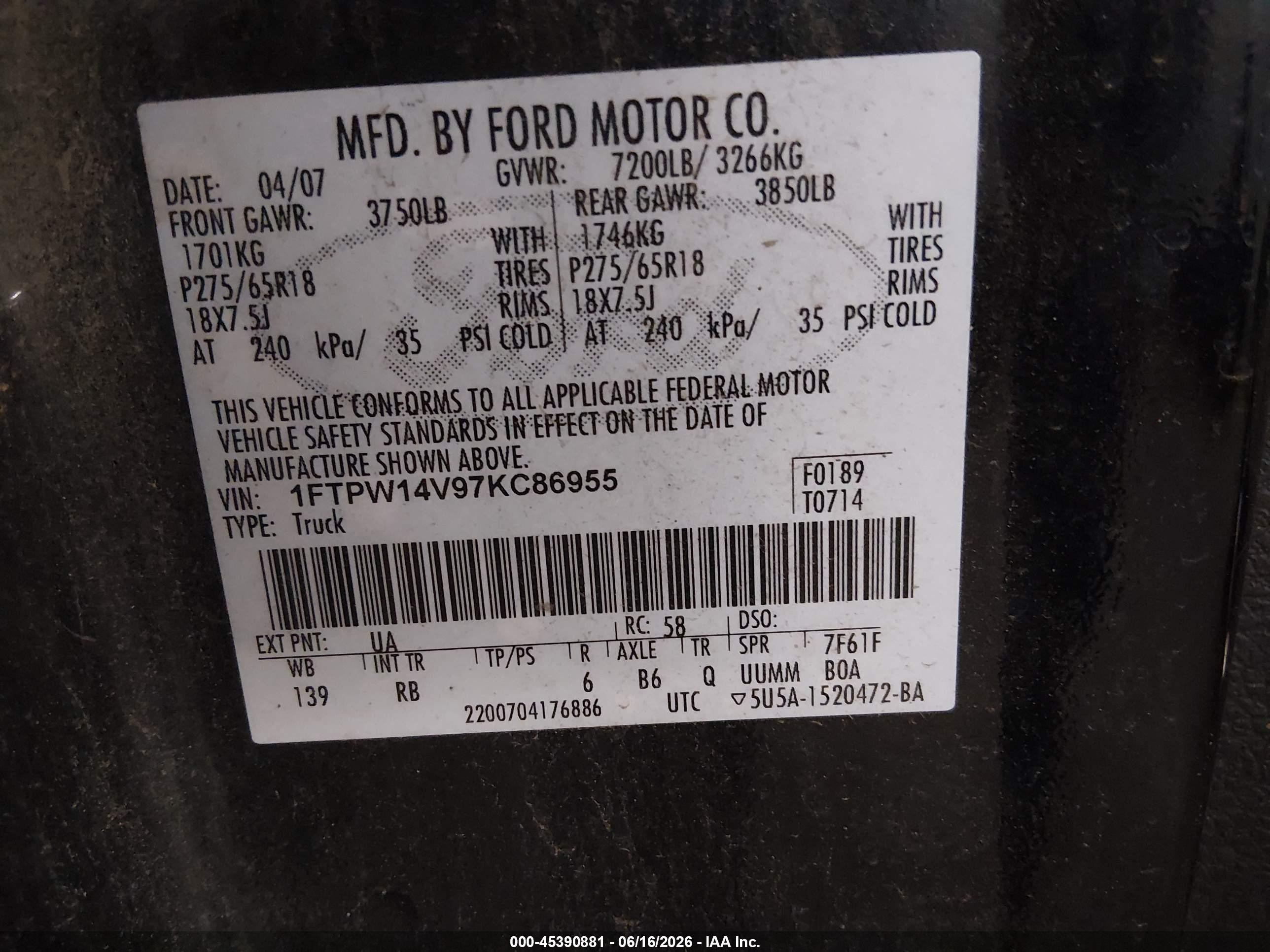 2007 Ford F-150 Fx4/lariat/xlt Black vin: 1FTPW14V97KC86955
