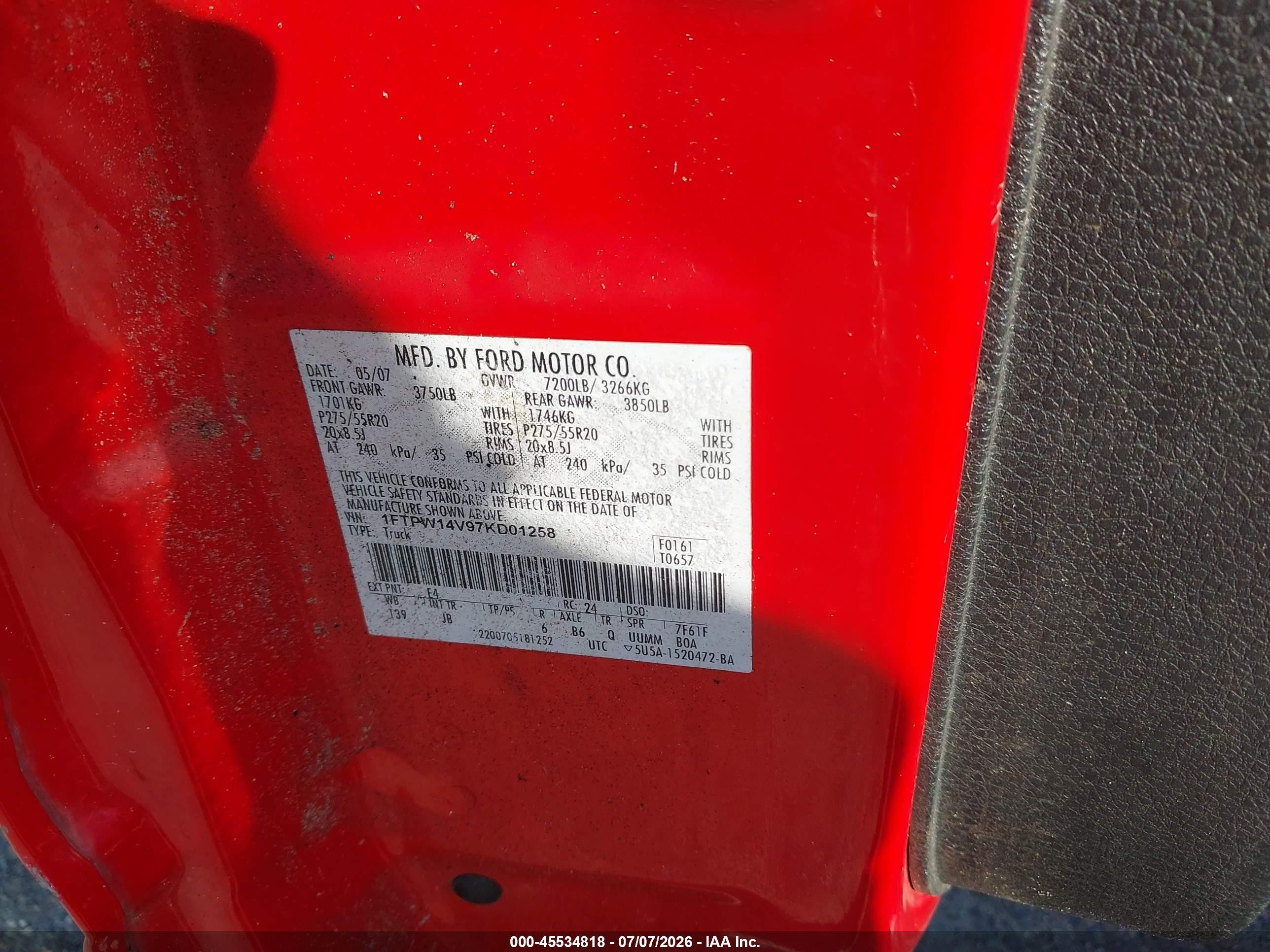 2007 Ford F-150 Red vin: 1FTPW14V97KD01258