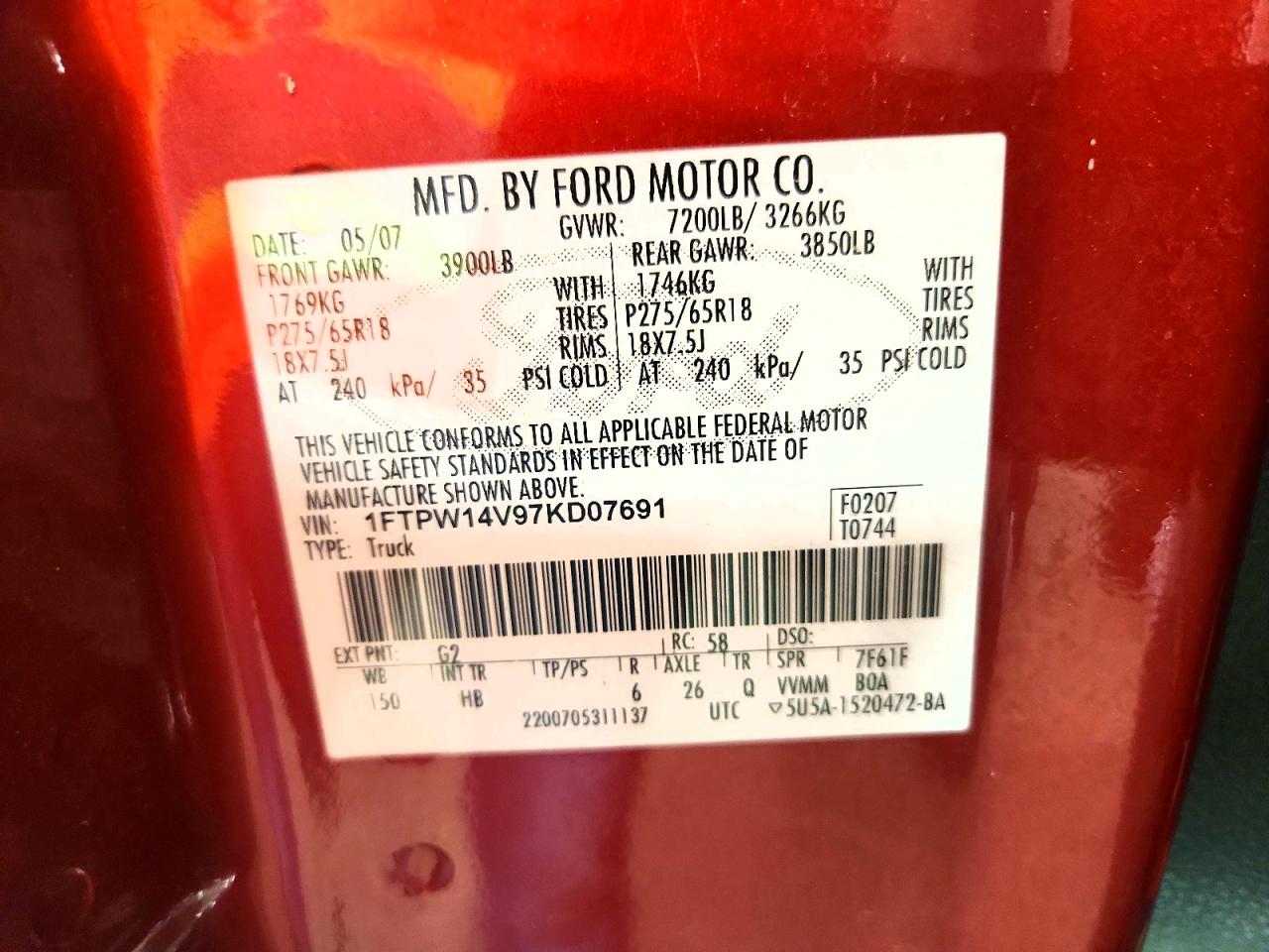 2007 Ford F150 Supercrew Red vin: 1FTPW14V97KD07691