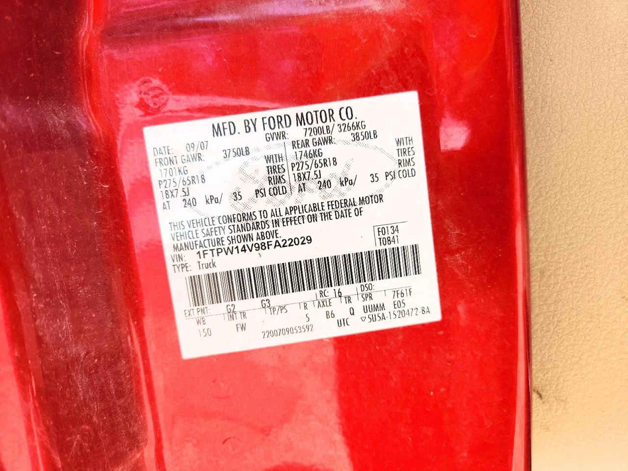 2008 Ford F150 Supercrew Red vin: 1FTPW14V98FA22029