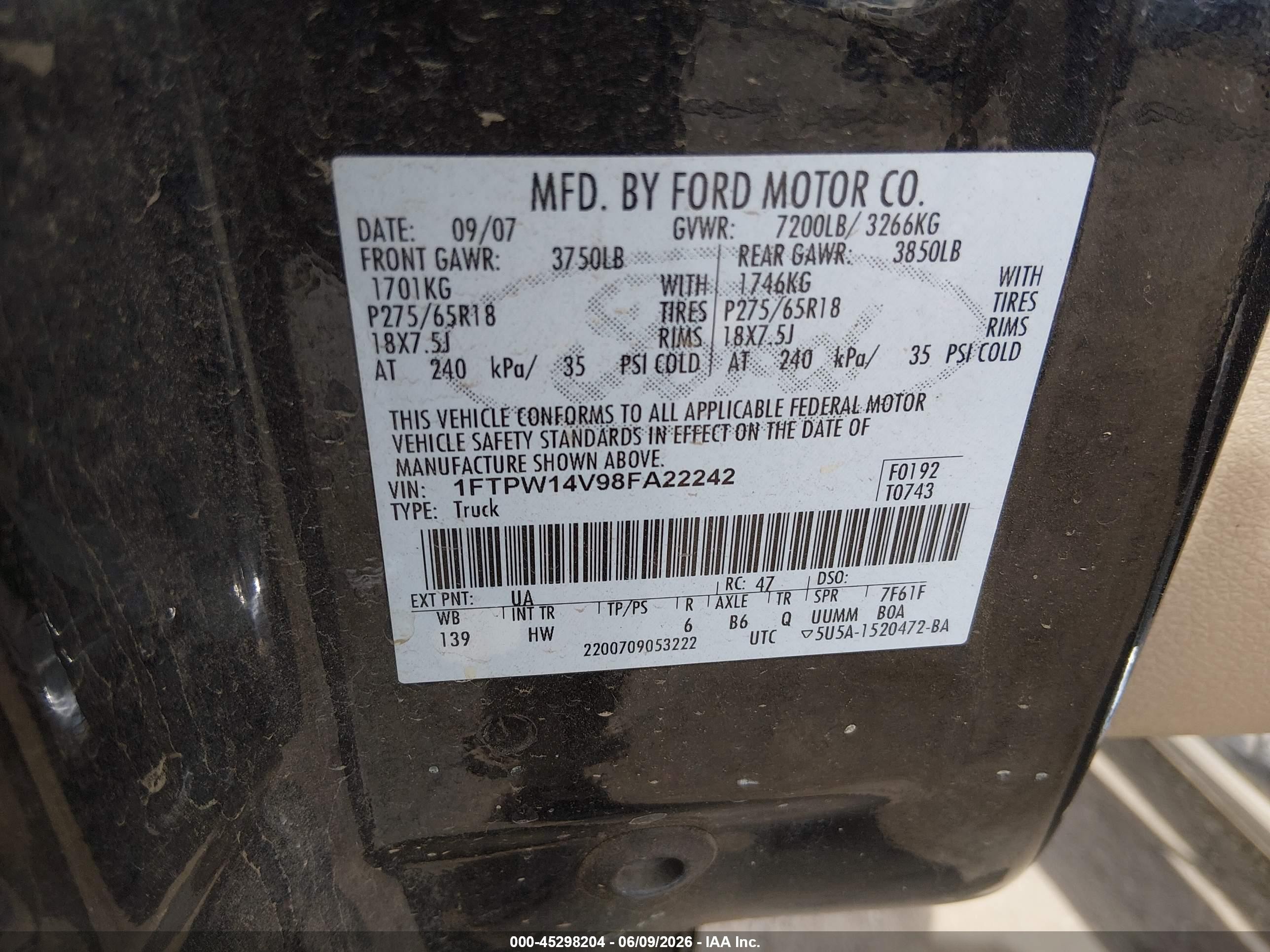 2008 Ford F-150 60th Anniversary/fx4/king Ranch/lariat/xlt Black vin: 1FTPW14V98FA22242