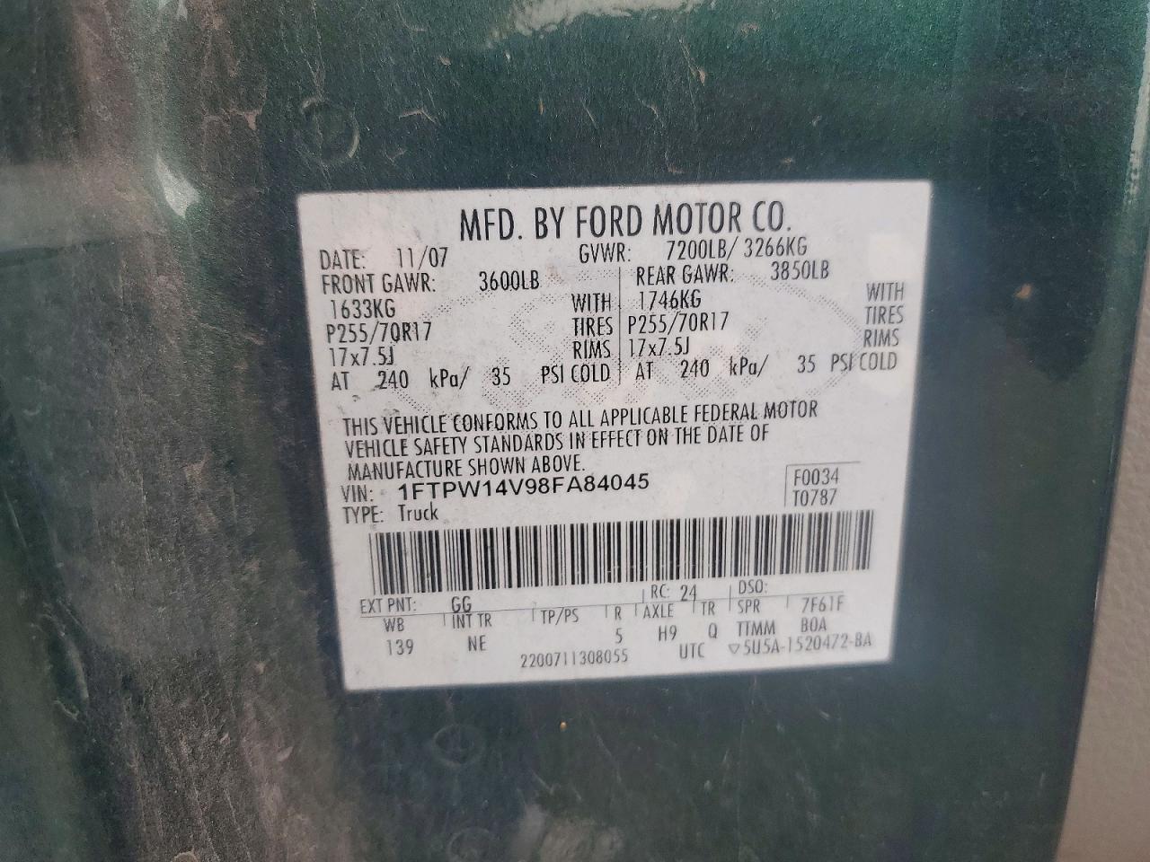 2008 Ford F150 Supercrew Green vin: 1FTPW14V98FA84045