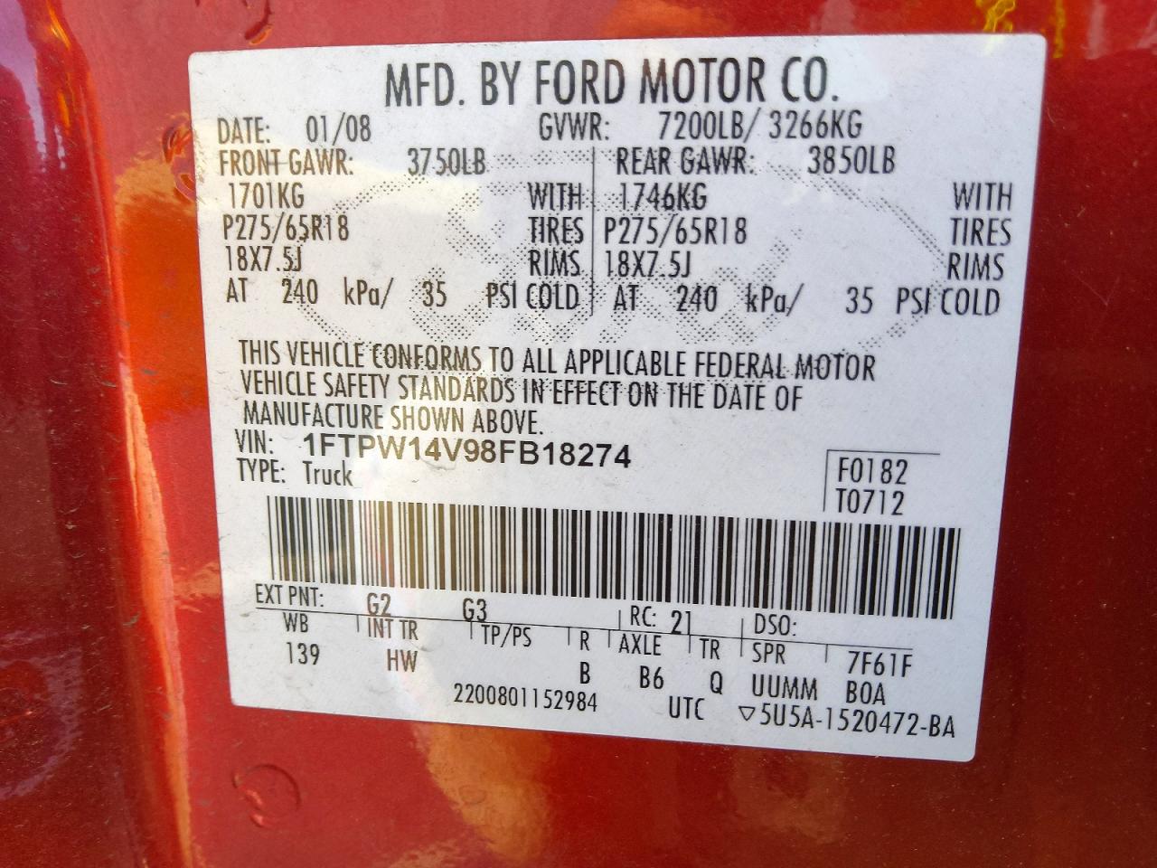 2008 Ford F150 Supercrew Red vin: 1FTPW14V98FB18274