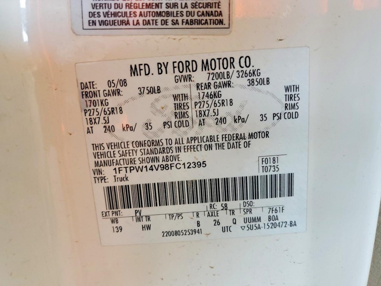 2008 Ford F150 Supercrew White vin: 1FTPW14V98FC12395