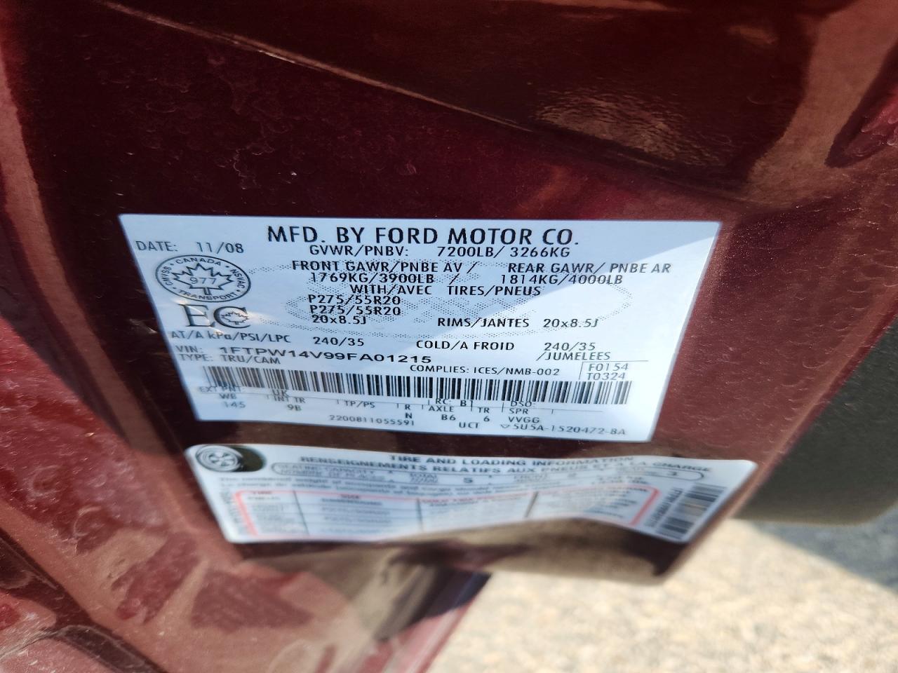 2009 Ford F150 Supercrew Maroon vin: 1FTPW14V99FA01215