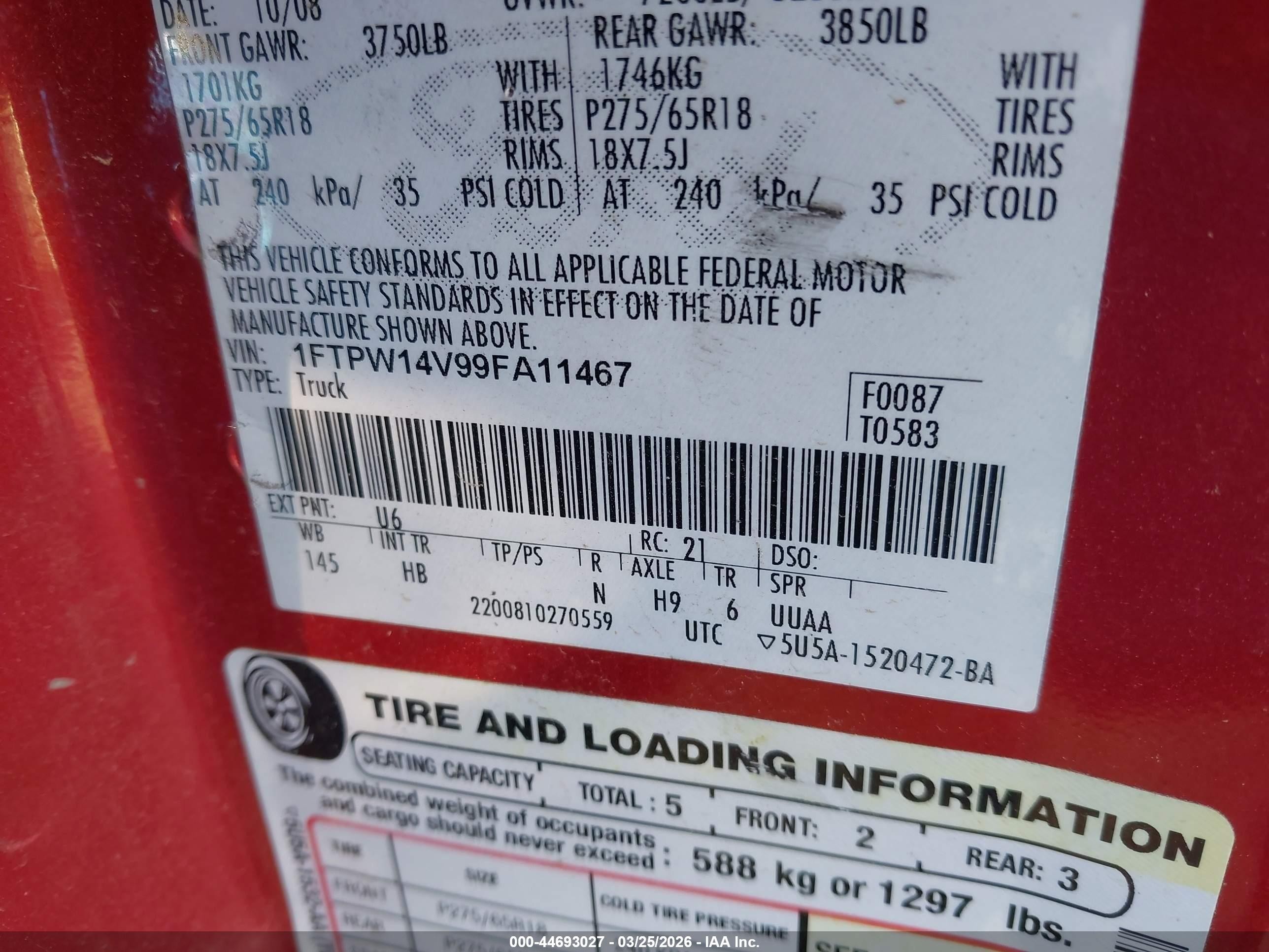 2009 Ford F-150 Fx4/king Ranch/lariat/platinum/xl/xlt Red vin: 1FTPW14V99FA11467