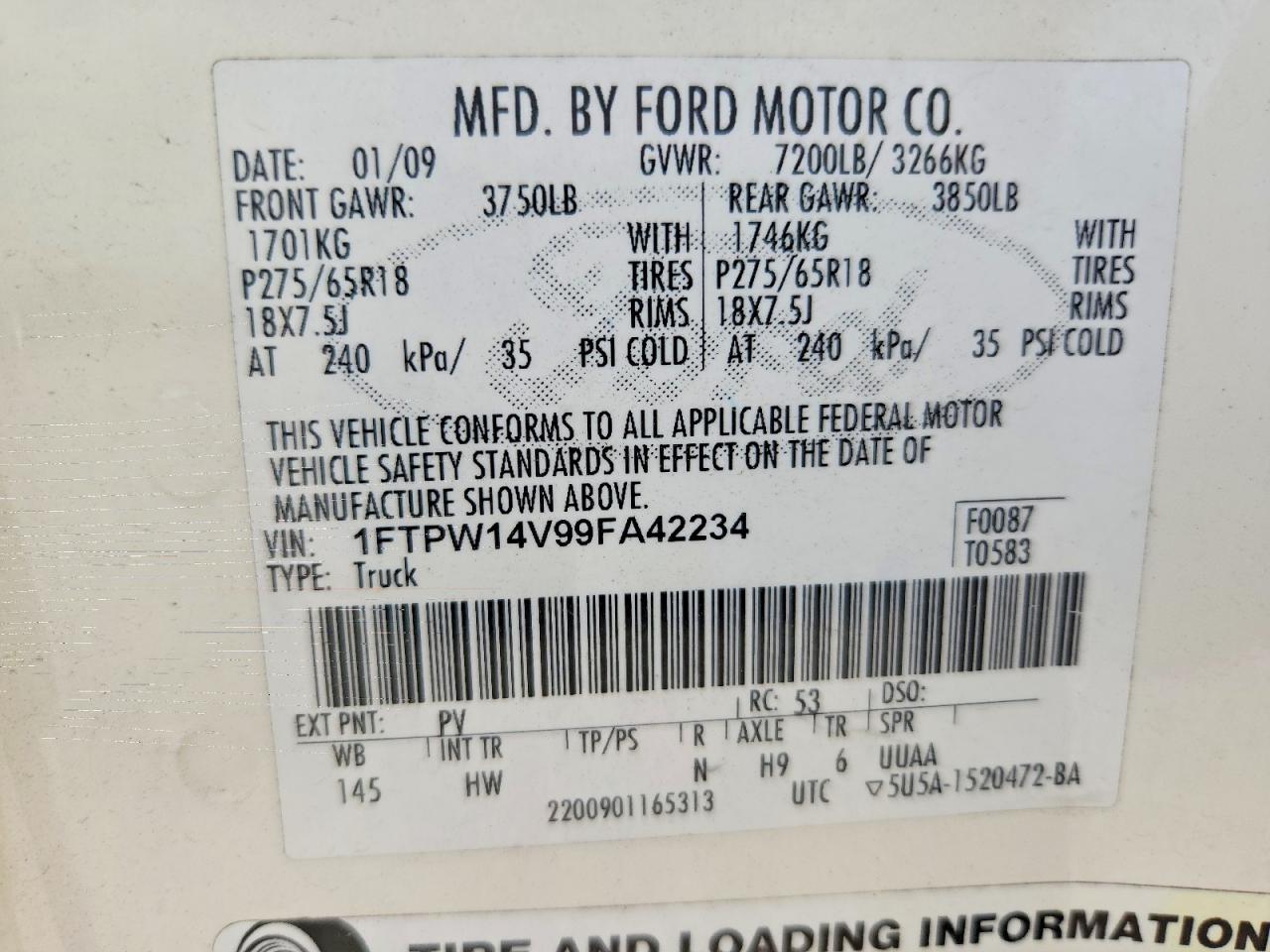 2009 Ford F150 Supercrew Белый vin: 1FTPW14V99FA42234