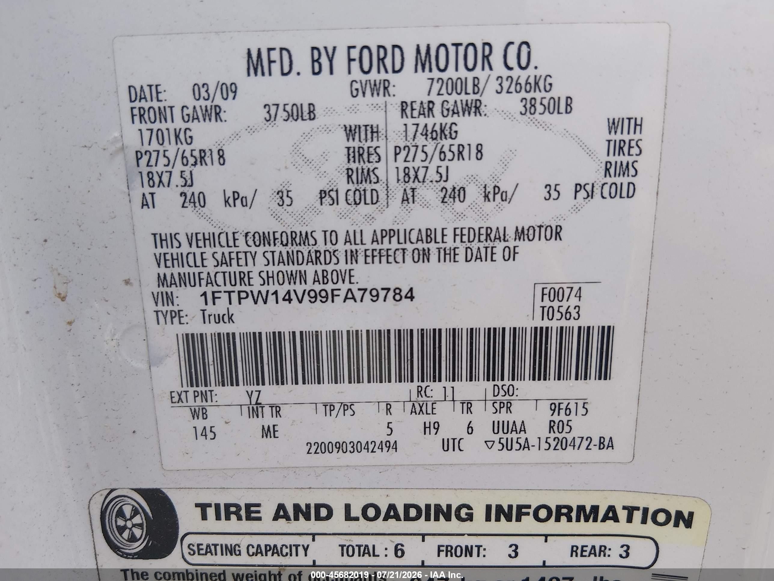 2009 Ford F-150 Fx4/king Ranch/lariat/platinum/xl/xlt White vin: 1FTPW14V99FA79784
