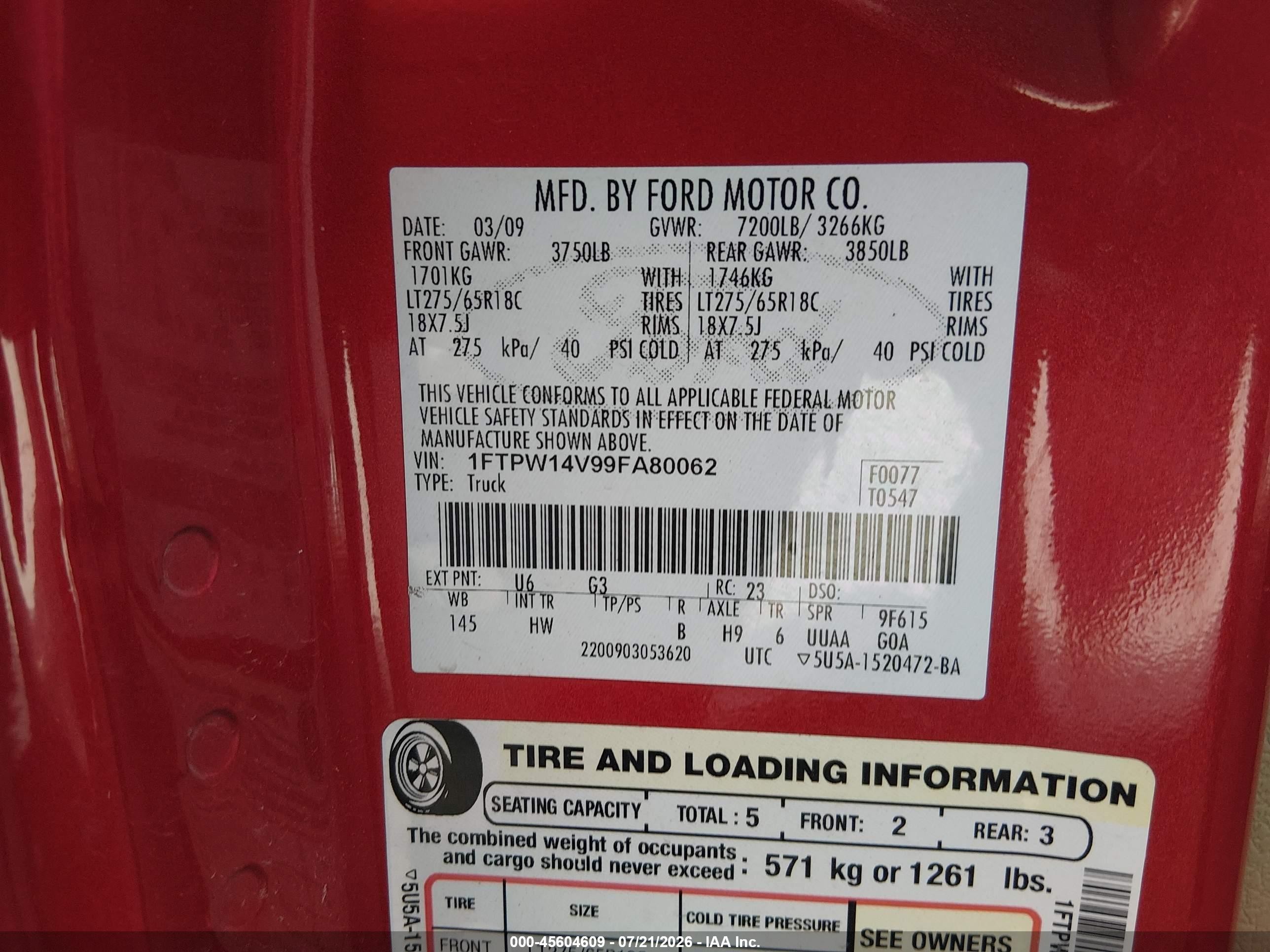 2009 Ford F-150 Fx4/king Ranch/lariat/platinum/xl/xlt Red vin: 1FTPW14V99FA80062