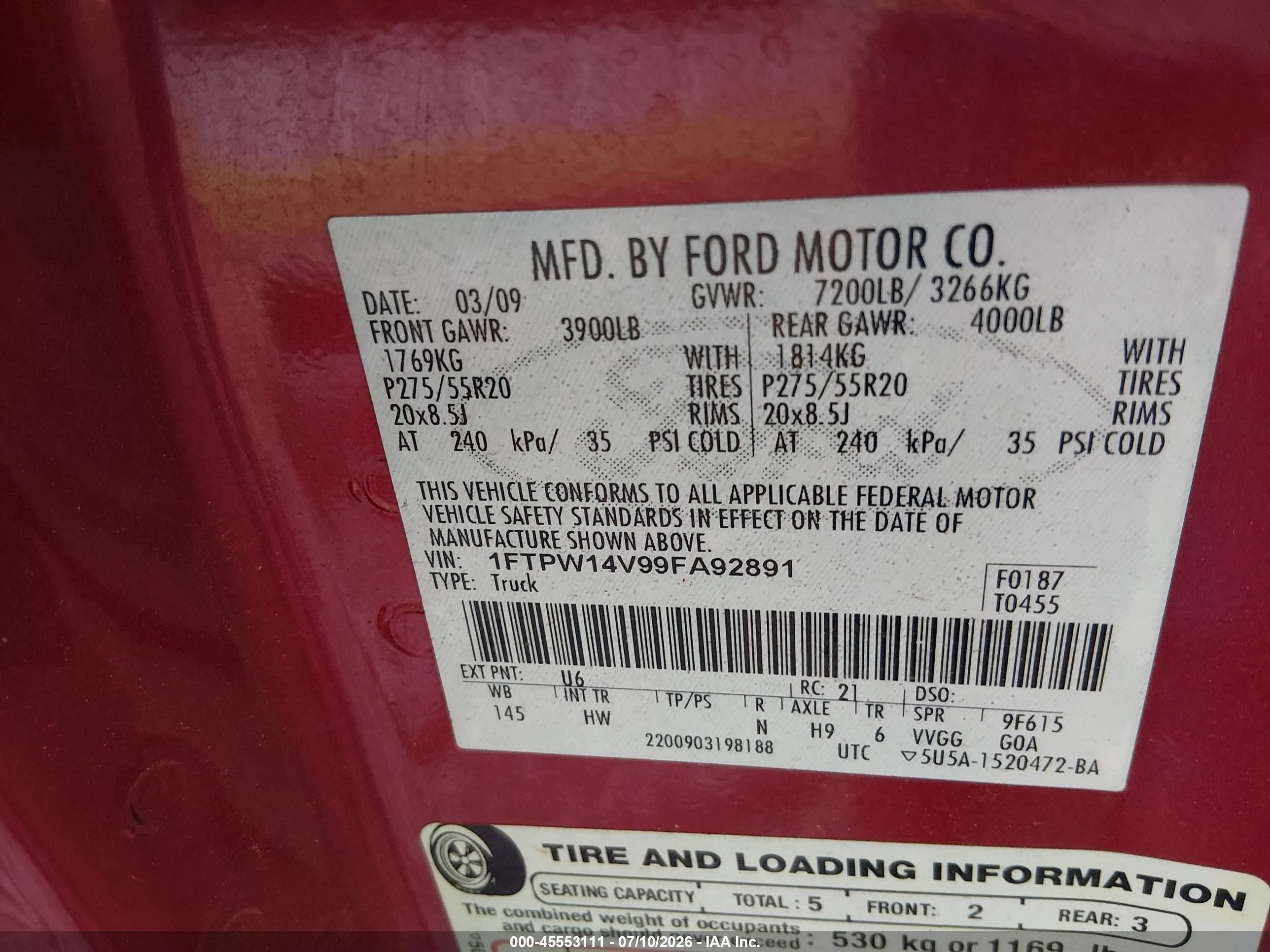 2009 Ford F-150 Fx4/king Ranch/lariat/platinum/xl/xlt Красный vin: 1FTPW14V99FA92891