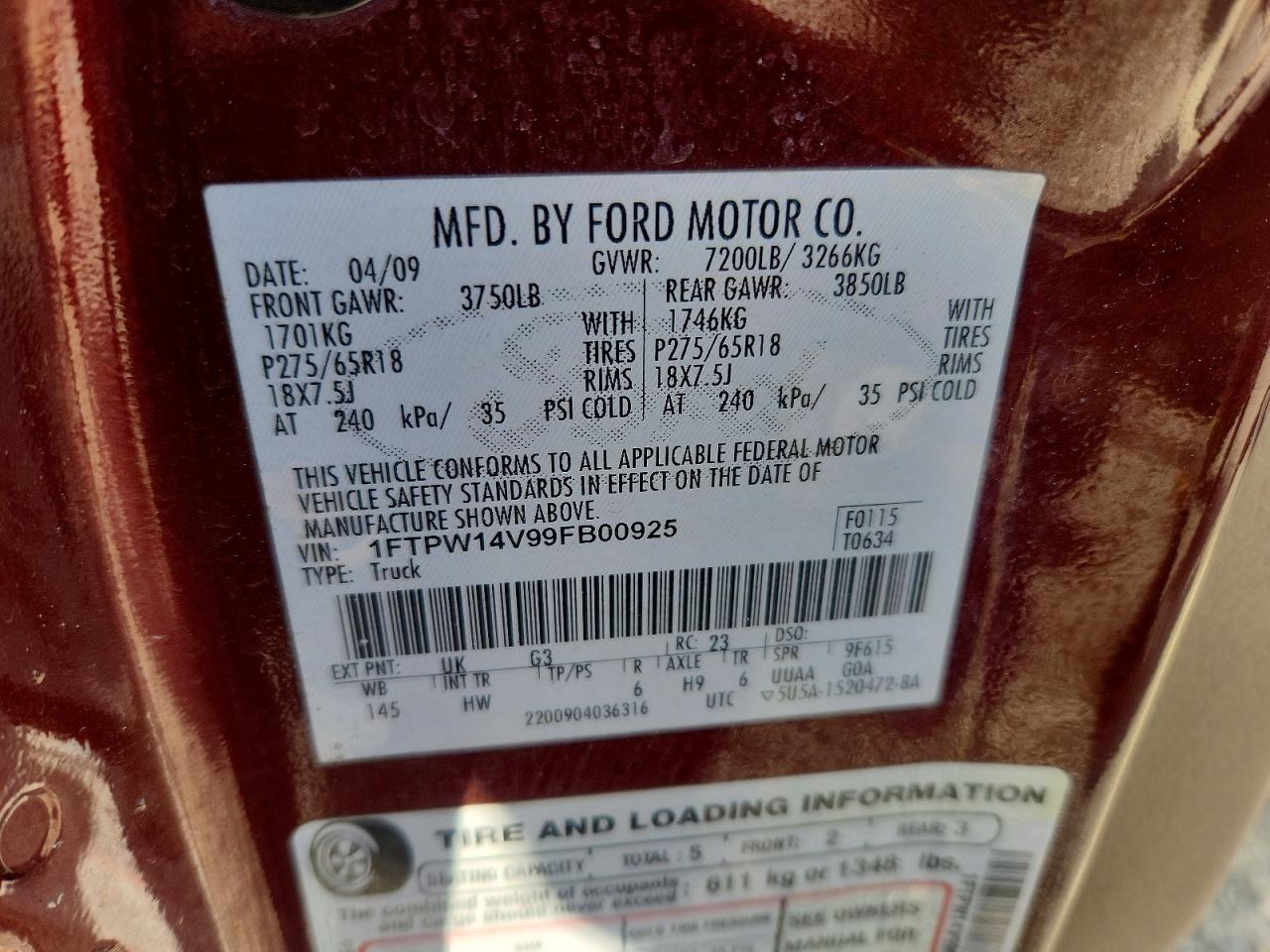 2009 Ford F150 Supercrew Burgundy vin: 1FTPW14V99FB00925