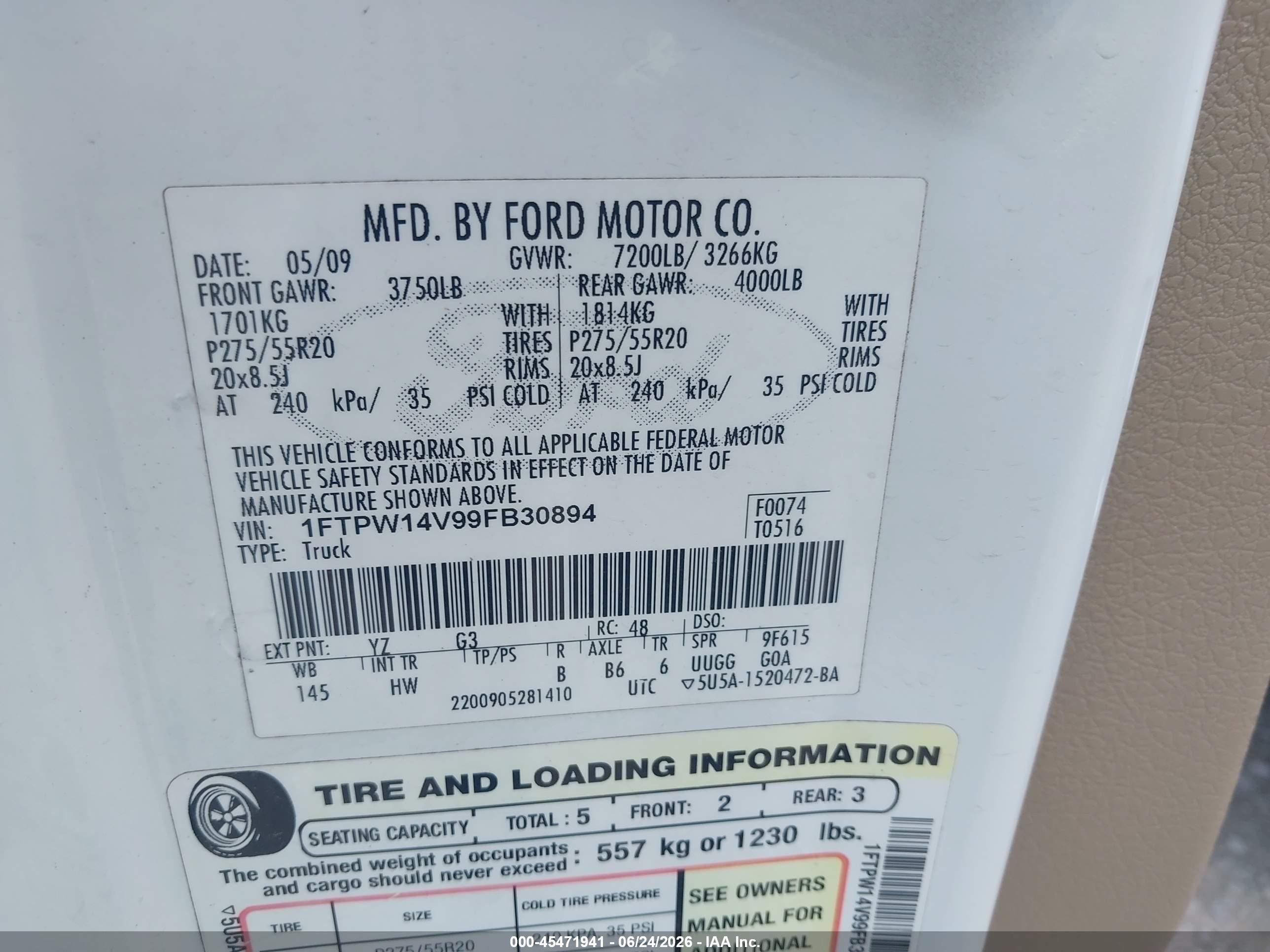 2009 Ford F-150 Fx4/king Ranch/lariat/platinum/xl/xlt White vin: 1FTPW14V99FB30894