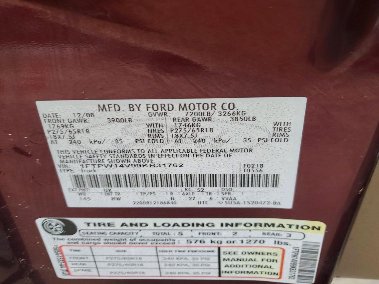 2009 Ford F150 Supercrew Maroon vin: 1FTPW14V99KB31762