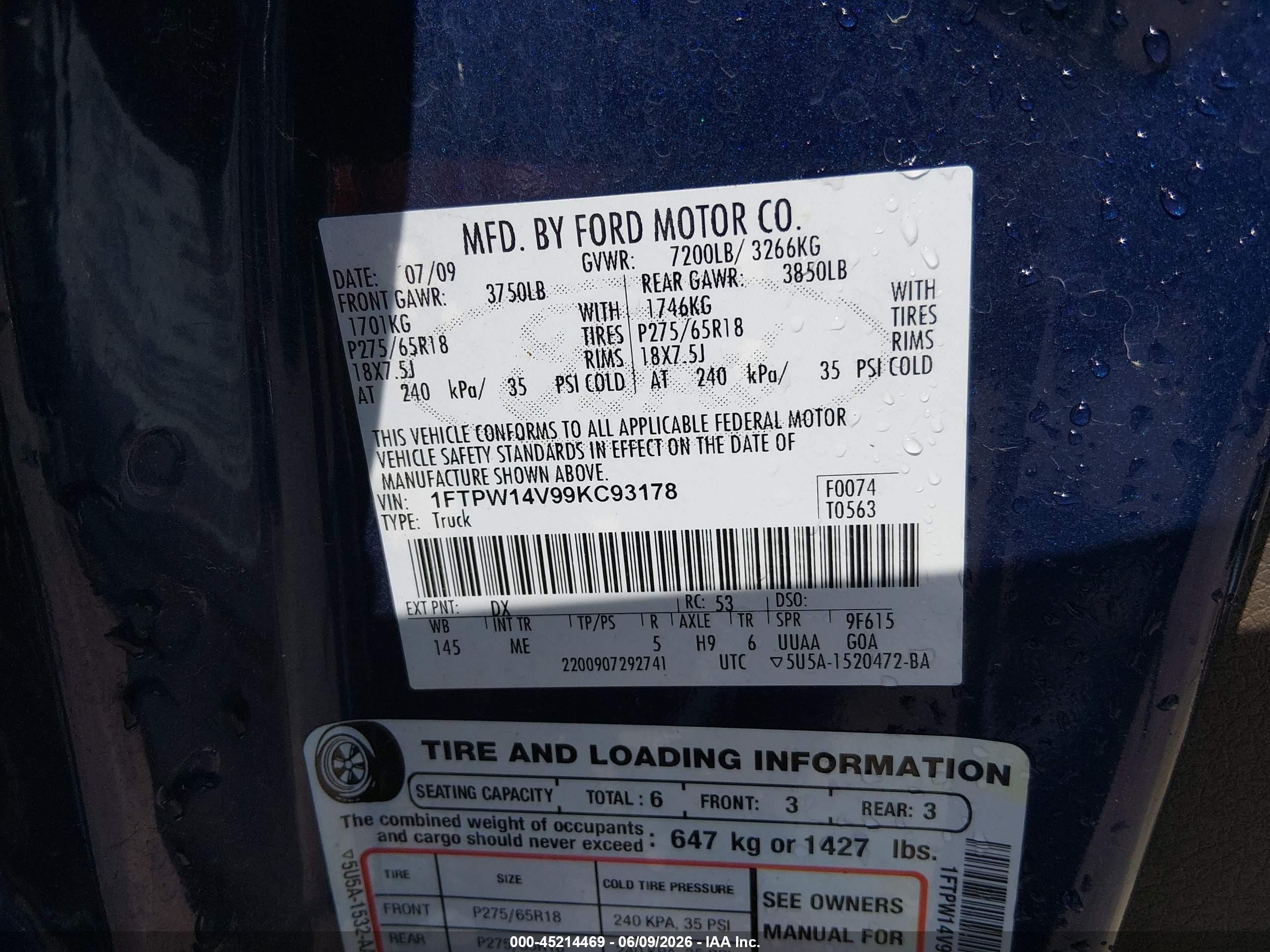2009 Ford F-150 Xlt Blue vin: 1FTPW14V99KC93178