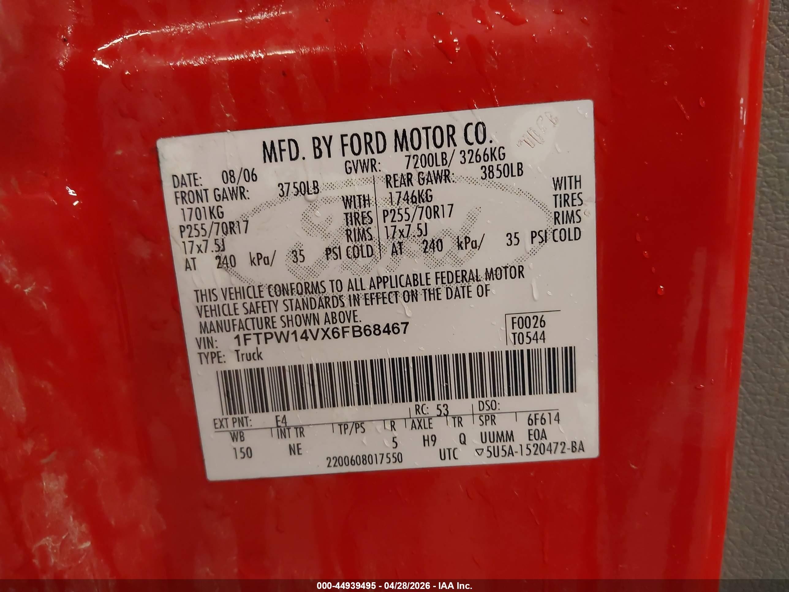 2006 Ford F-150 Fx4/lariat/xlt Red vin: 1FTPW14VX6FB68467