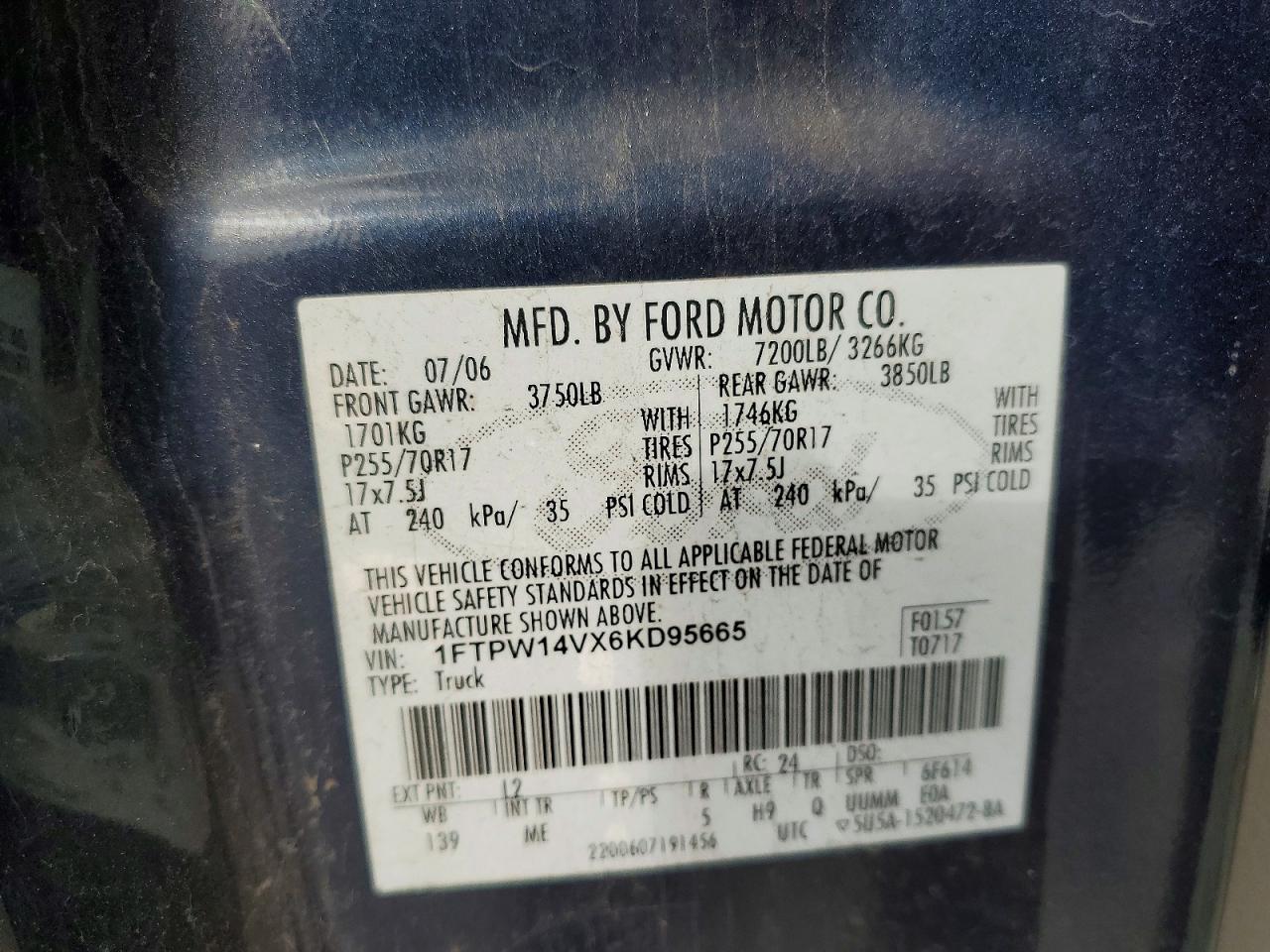 2006 Ford F150 Supercrew Blue vin: 1FTPW14VX6KD95665