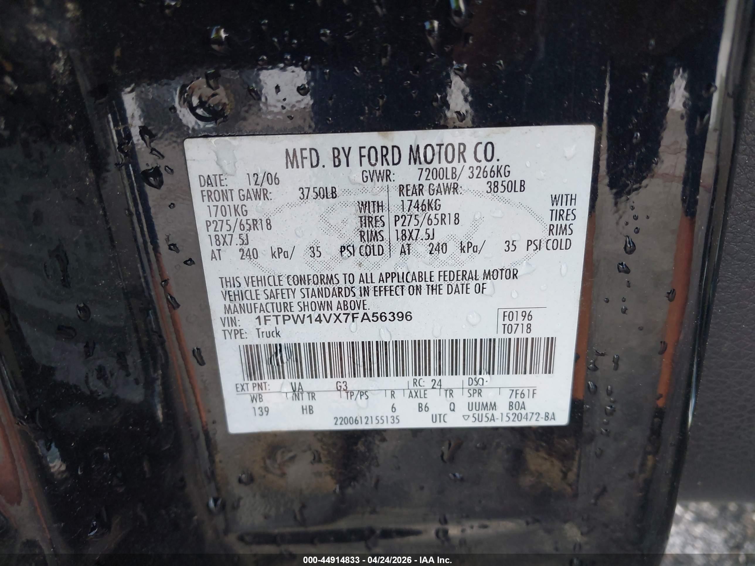 2007 Ford F-150   Black vin: 1FTPW14VX7FA56396