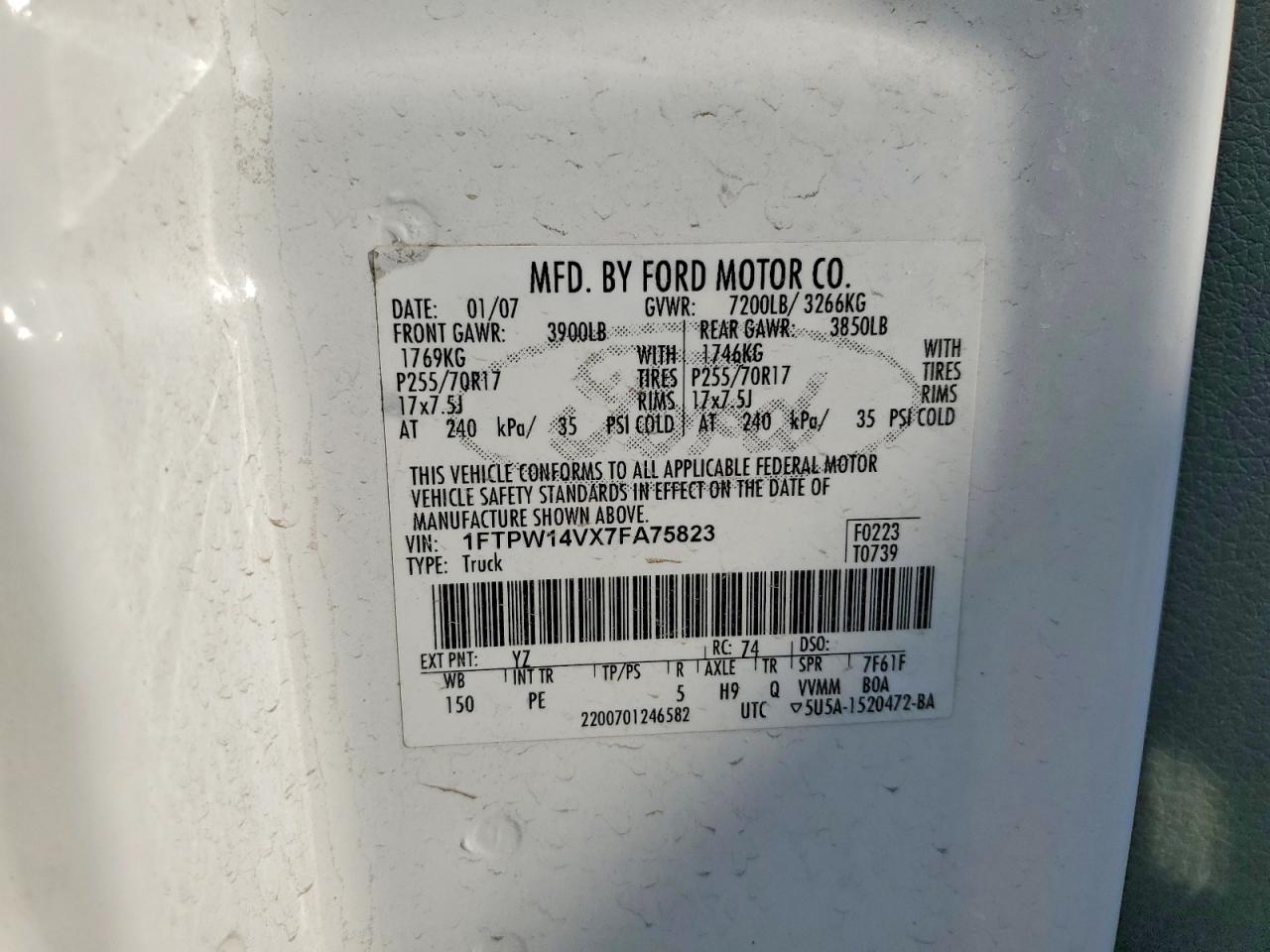 2007 Ford F150 Supercrew White vin: 1FTPW14VX7FA75823