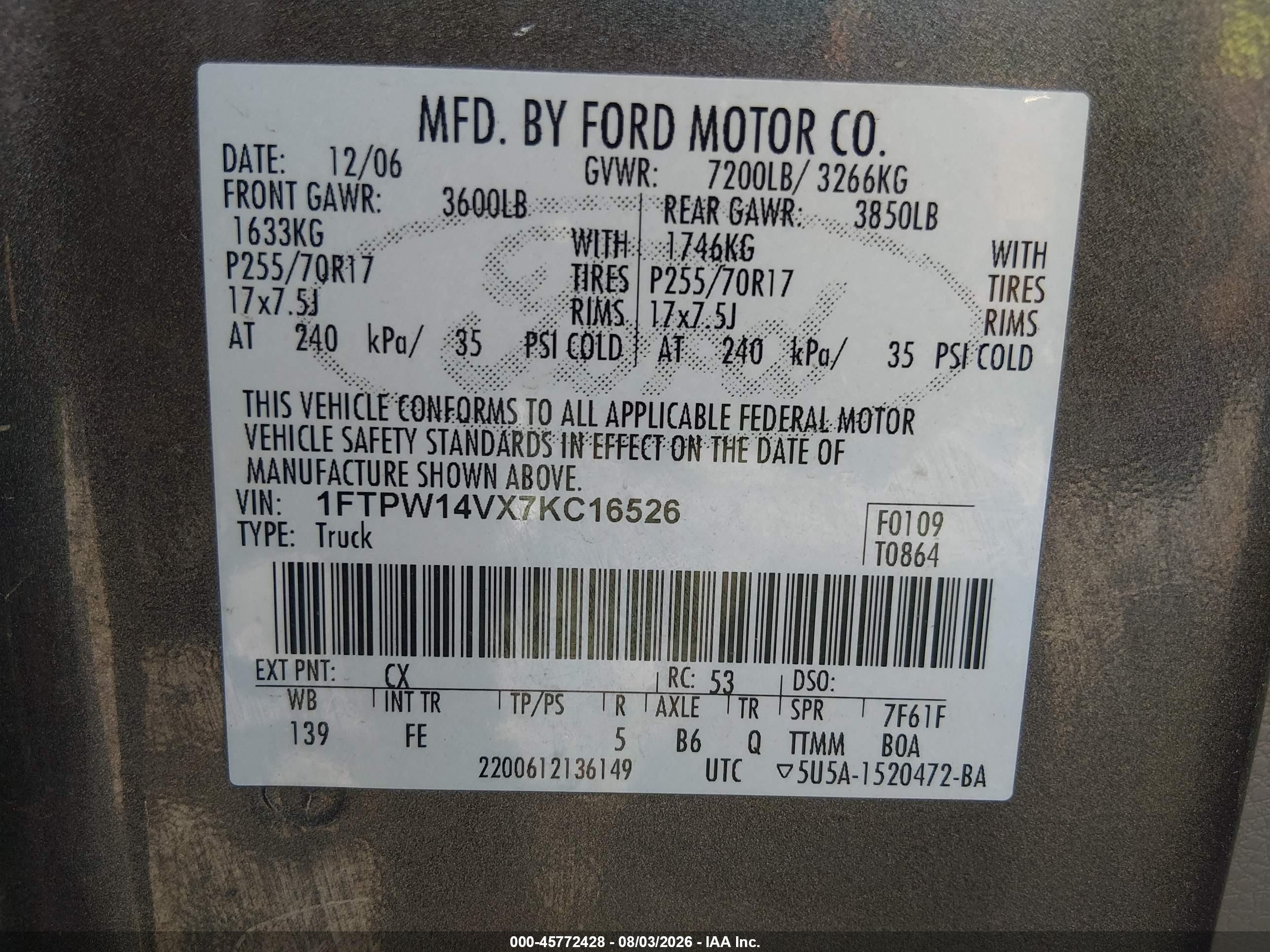 2007 Ford F-150 Fx4/lariat/xlt Gray vin: 1FTPW14VX7KC16526