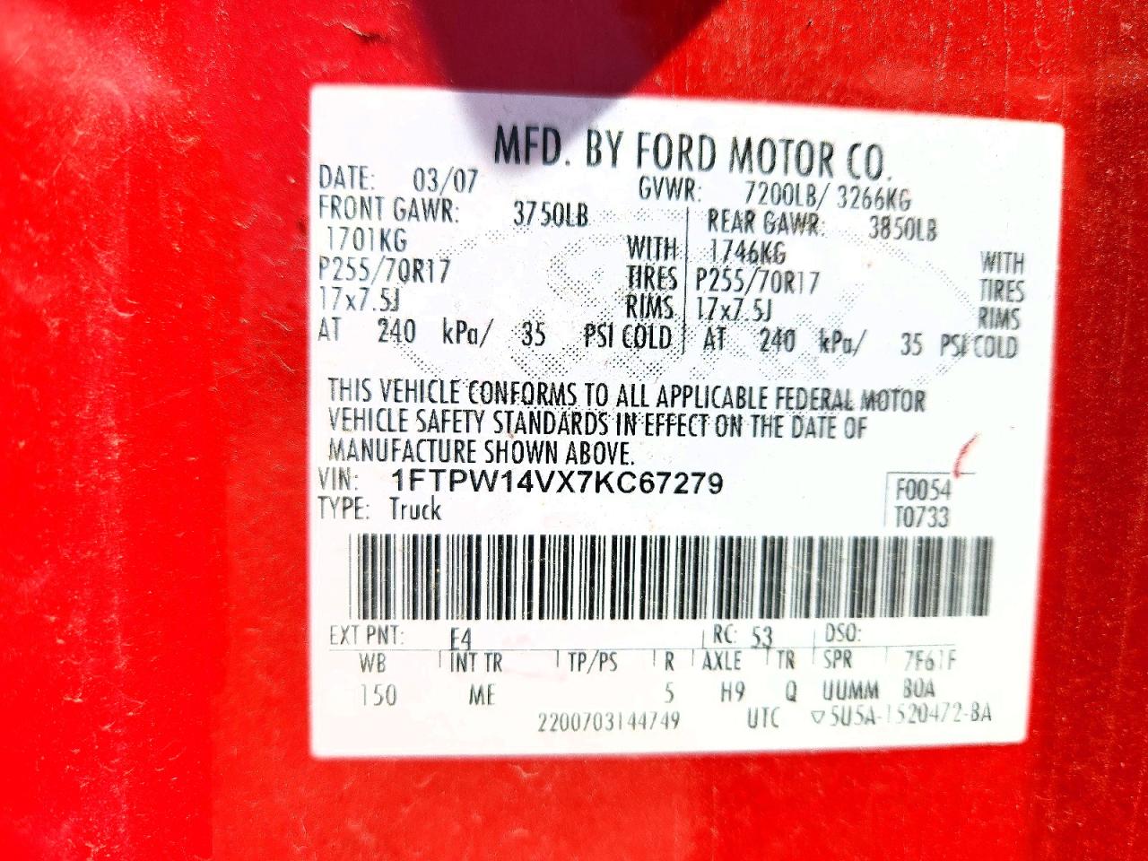 2007 Ford F150 Supercrew Red vin: 1FTPW14VX7KC67279