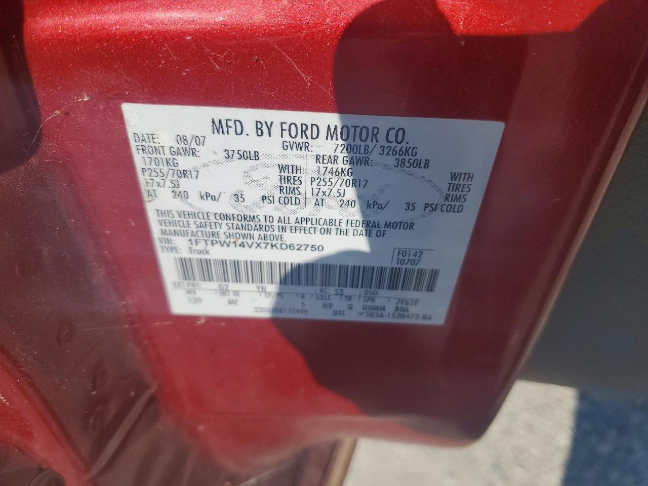 2007 Ford F150 Supercrew Red vin: 1FTPW14VX7KD62750