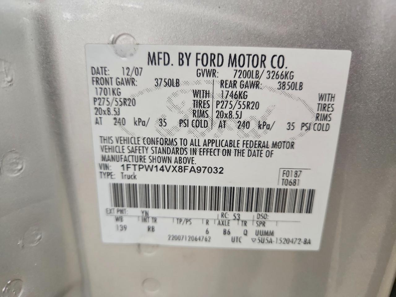 2008 Ford F150 Supercrew Серебряный vin: 1FTPW14VX8FA97032