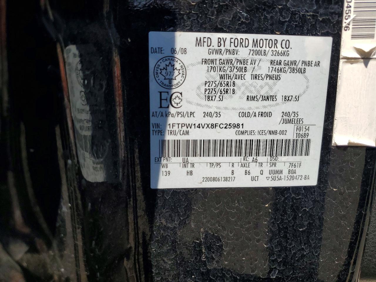 2008 Ford F150 Black vin: 1FTPW14VX8FC25981